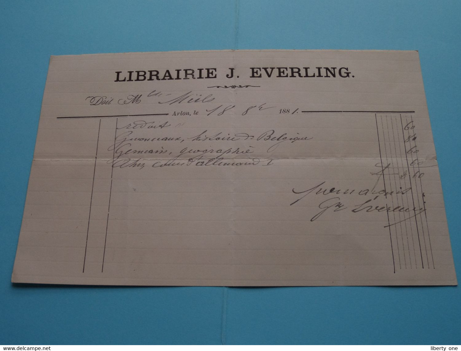 1881 Fact > Librairie J. EVERLING > ARLON ( Zie SCAN ) - 1800 – 1899