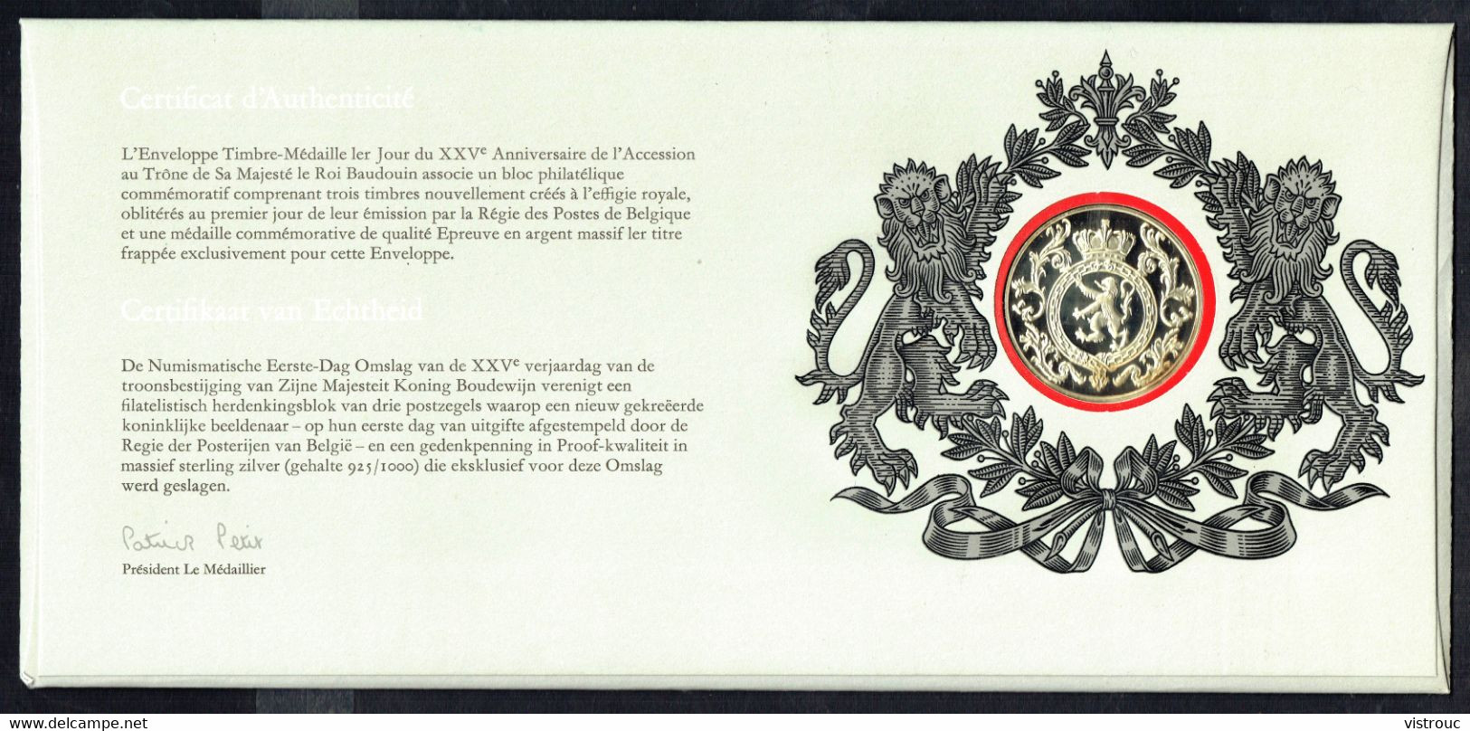 XXVe Anniv. De L'accession Au Trône De S.M. Le Roi Baudouin - Médaille Ag Massif + Enveloppe Avec BF. - Royal / Of Nobility