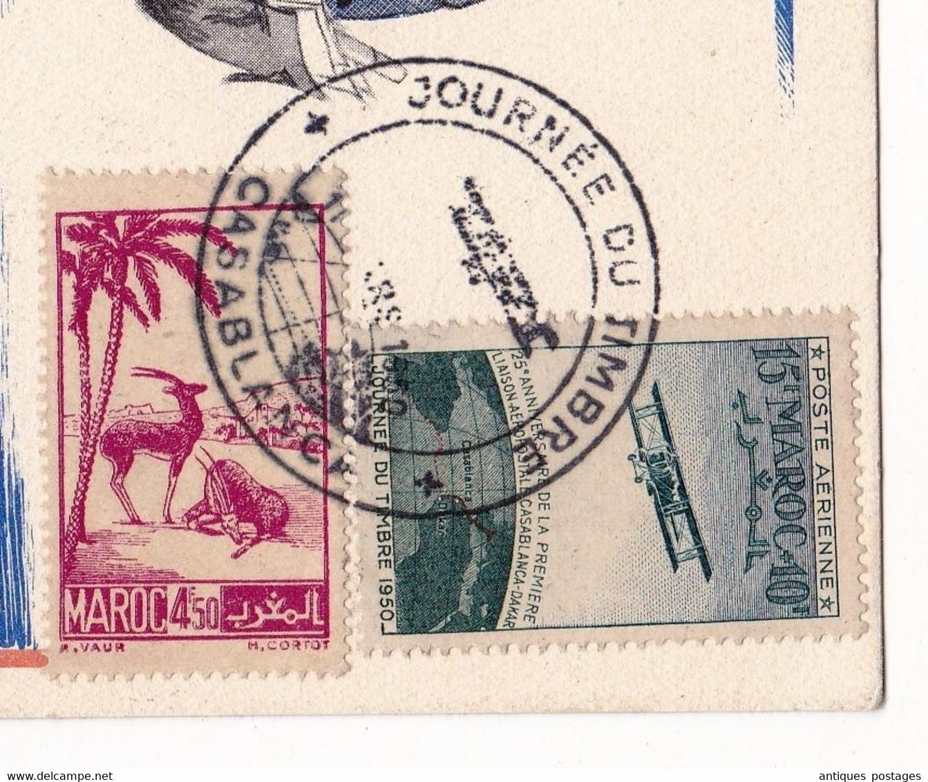 Carte Postale Casablanca 1950 Journée Du Timbre Maroc Poste Aérienne Raoul Serres - Aéreo