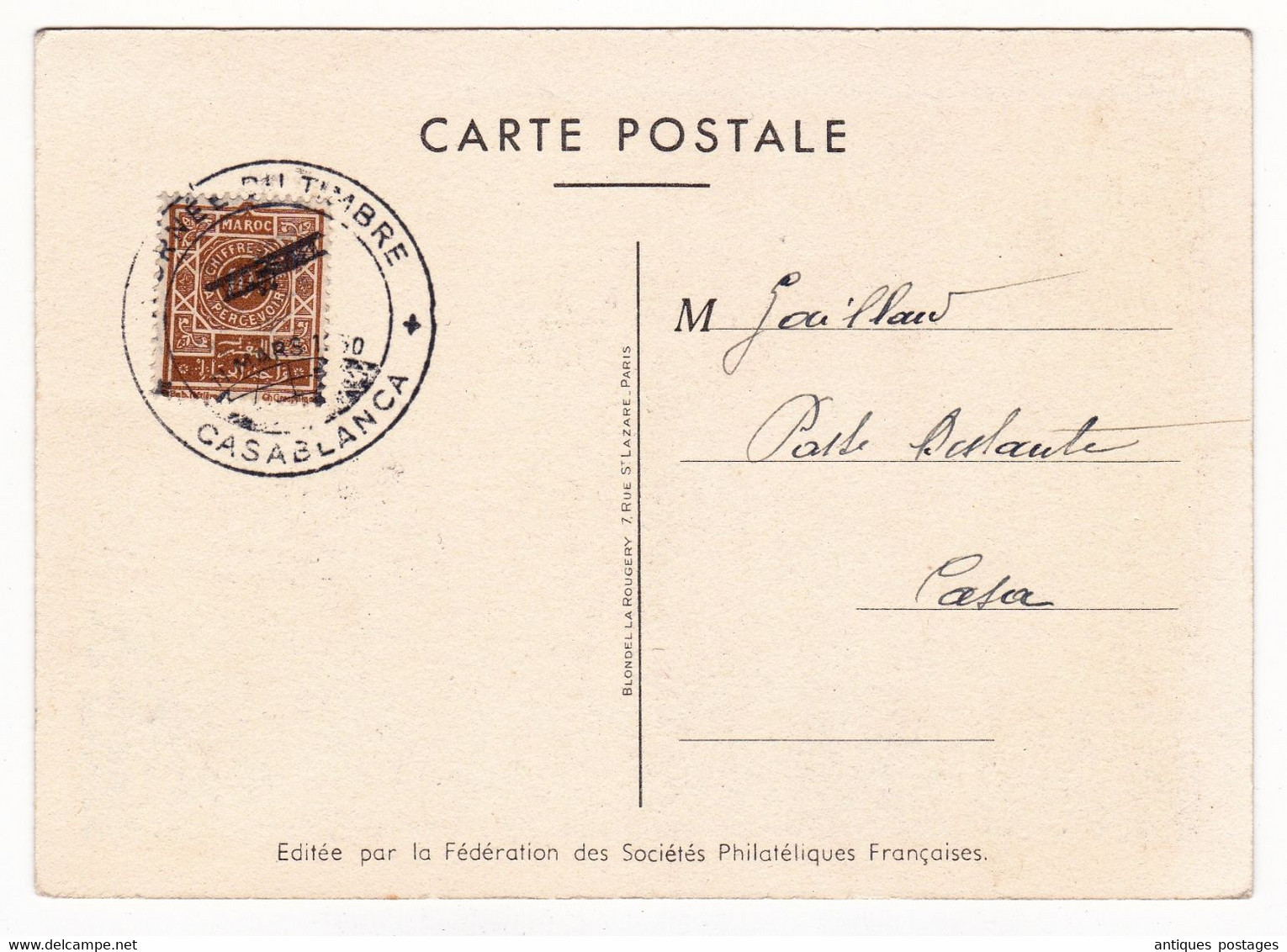 Carte Postale Casablanca 1950 Journée Du Timbre Maroc Poste Aérienne Raoul Serres - Luftpost