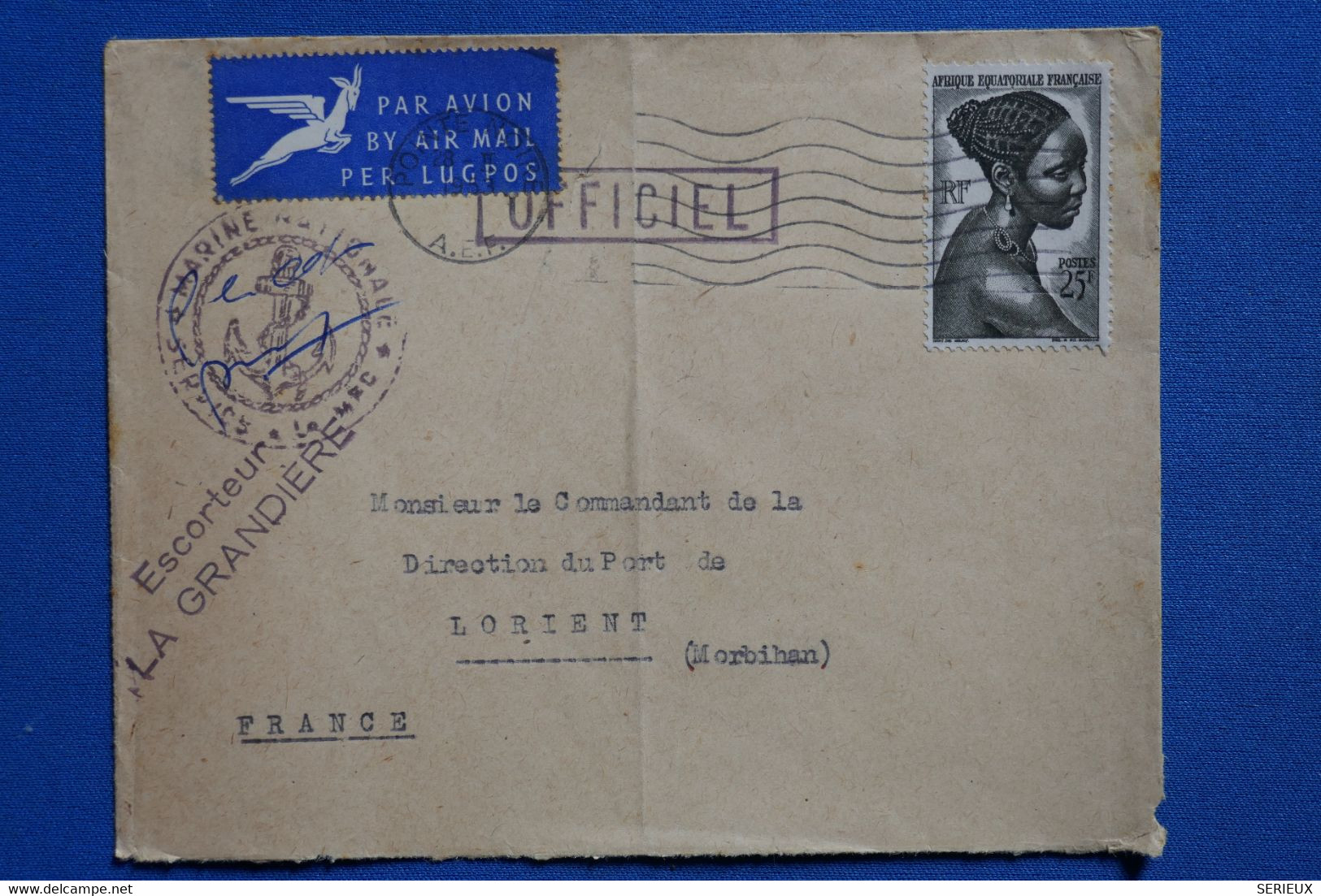 G19 AEF BELLE LETTRE RARE 1952  COURRIER OFFICIEL ESCORTEUR LA GRANDIERE A  LORIENT  + AFFRANCH INTERESSANT - Covers & Documents