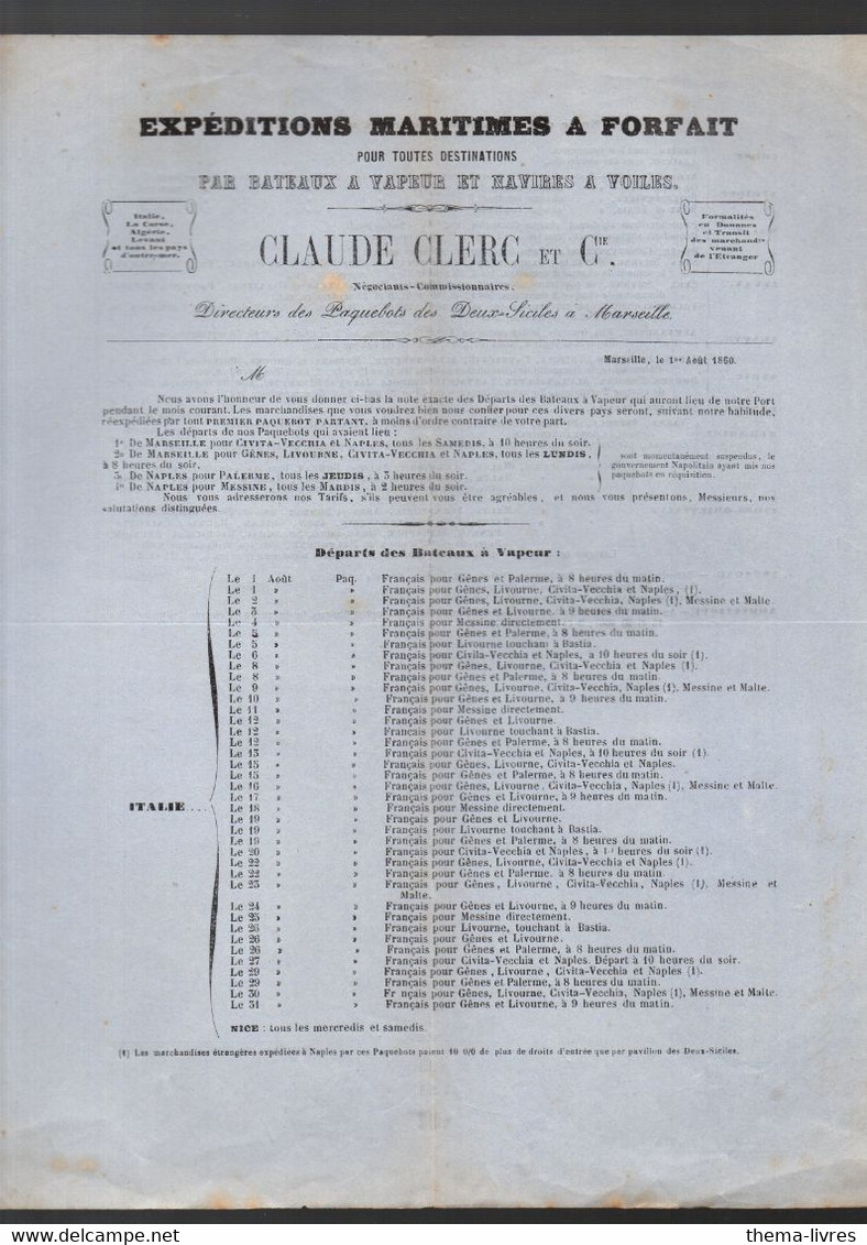 Marseille (13 Bouchesdu Rhône)  Horaires CLAUDE CLERC Transports Italie Et Méditerranée 1860  (PPP29910) - 1800 – 1899