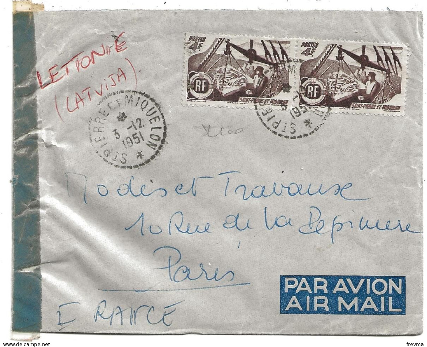 Enveloppe Saint Pierre Et Miquelon  Obliteration Saint Pierre Et Miquelon Poste Aerienne 1951 - Gebruikt