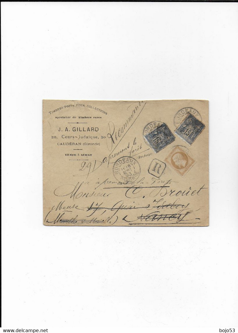 33  BORDEAUX Avec Entête "Timbres-Poste Pour Collections - J.A. Gillard"- Bel Affranchissement Et Cachet Cire Au Dos - Mechanical Postmarks (Other)