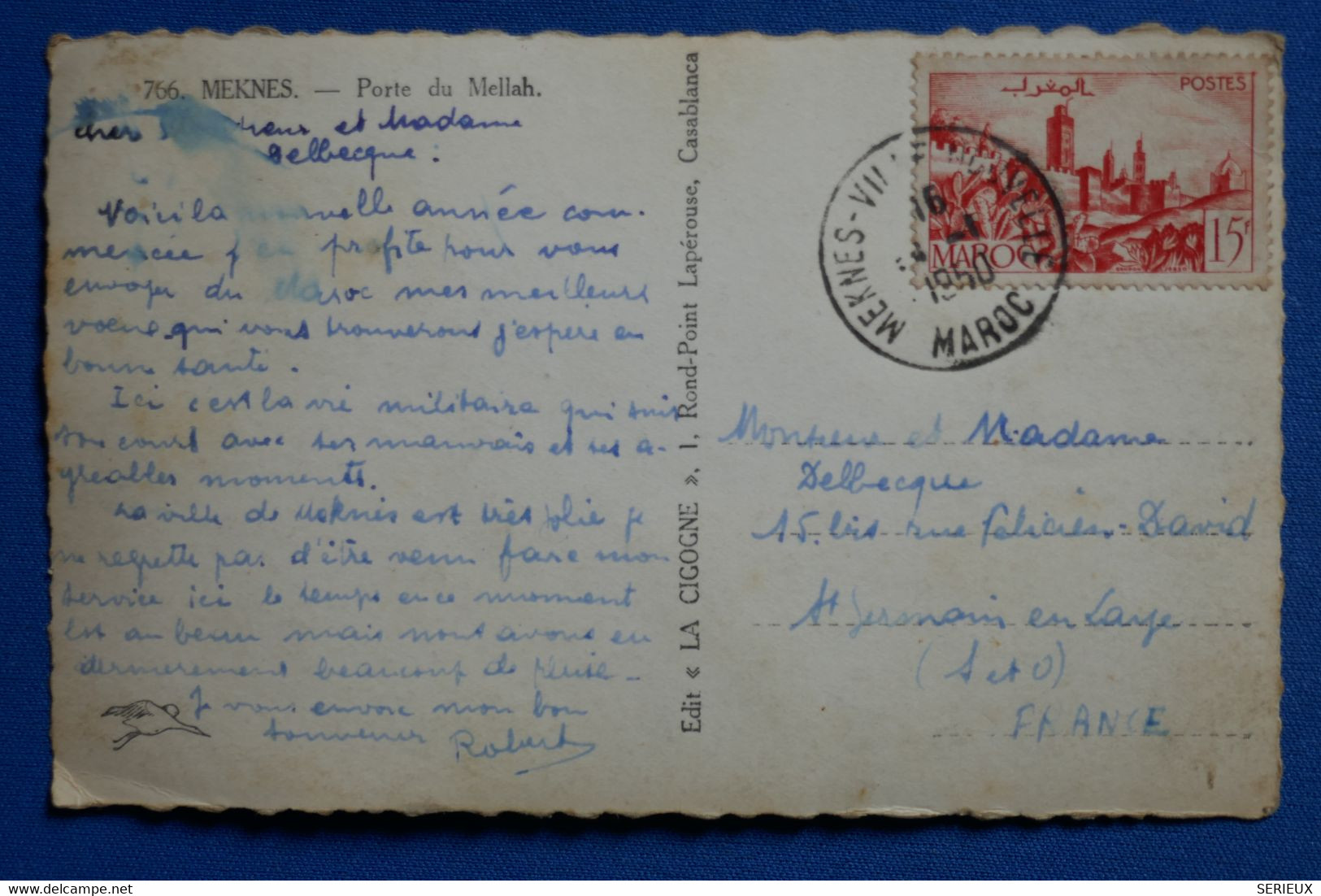 G19 MAROC BELLE CARTE 1950 MEKNES  POUR ST GERMAIN LAYE FRANCE + AFFRANCH INTERESSANT - Briefe U. Dokumente