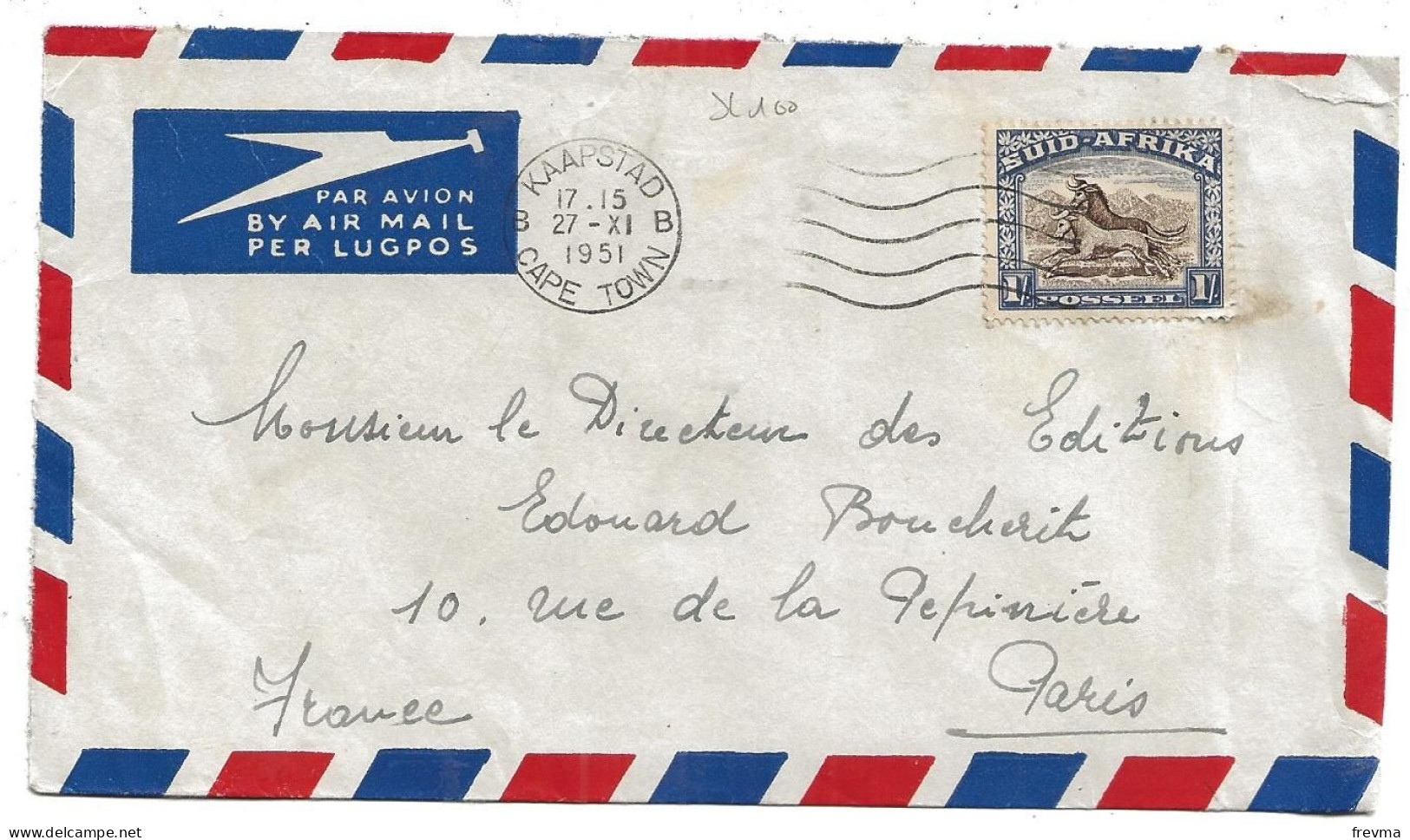 Enveloppe Sud Afrique Belle Obliteration Kaapstad Cape Town 1951 - Airmail