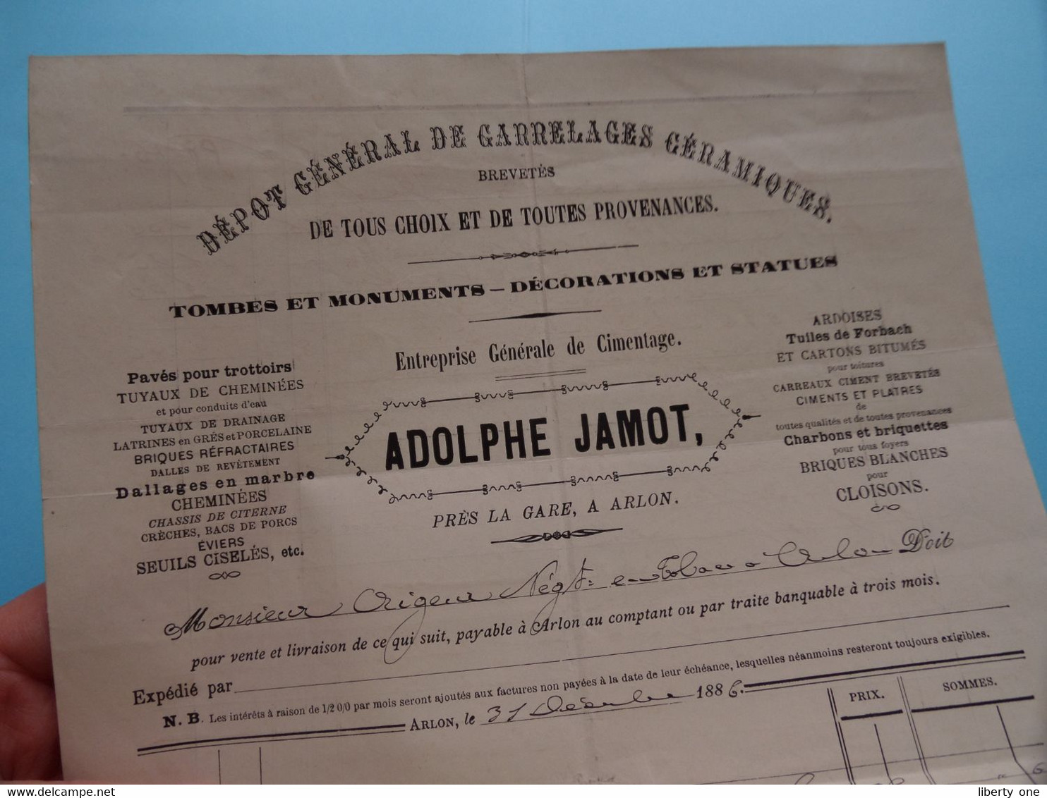 1886 Fact > ADOLPHE JAMOT > ARLON ( Zie SCAN ) - 1800 – 1899