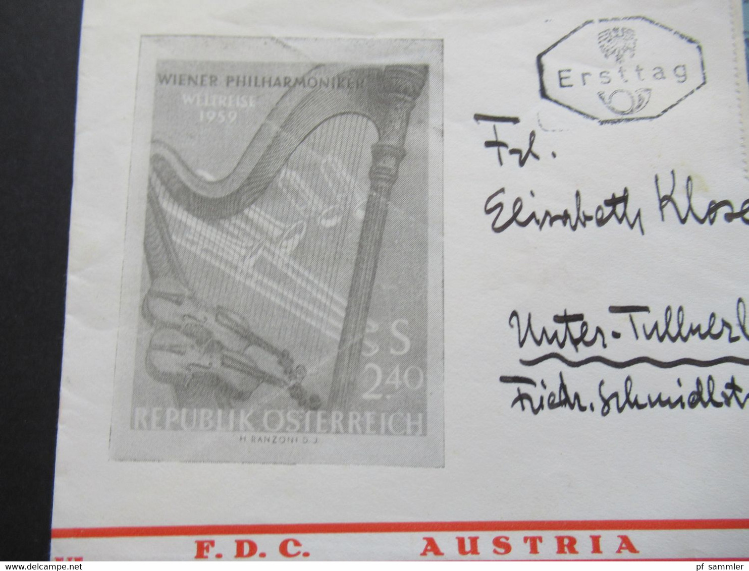 Österreich 1959 Nr.1071 Orchester Weltreise Der Wiener Philharmoniker FDC Umschlag Mit Abklatsch!! Ersttag Tagesstempel - Brieven En Documenten