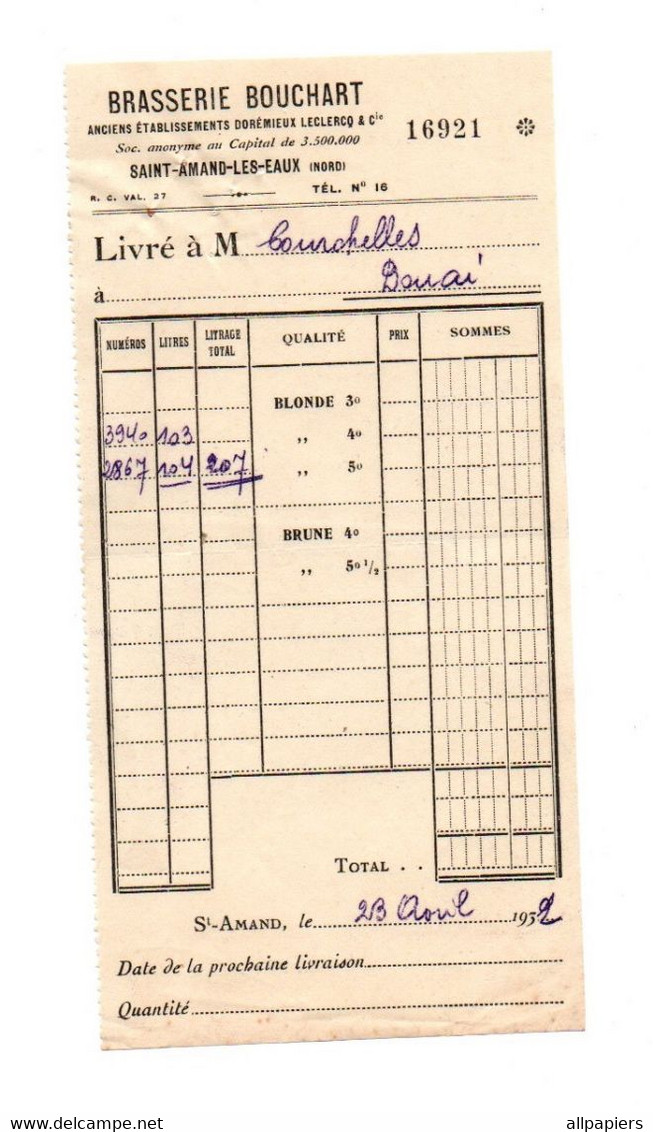 Facture Brasserie Bouchart à Saint-Amand-Les-Eaux En 1932 - Format : 18x9 Cm - Rechnungen
