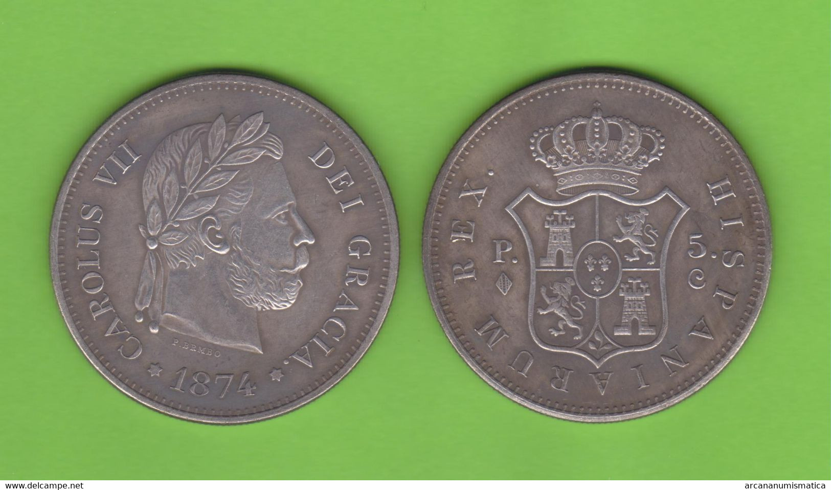 CARLOS VII  5  PESETAS  1.874 Ceca Bélgica Plata  (TIPO 1)  Réplica T-DL-12.761 - Münzen Der Provinzen
