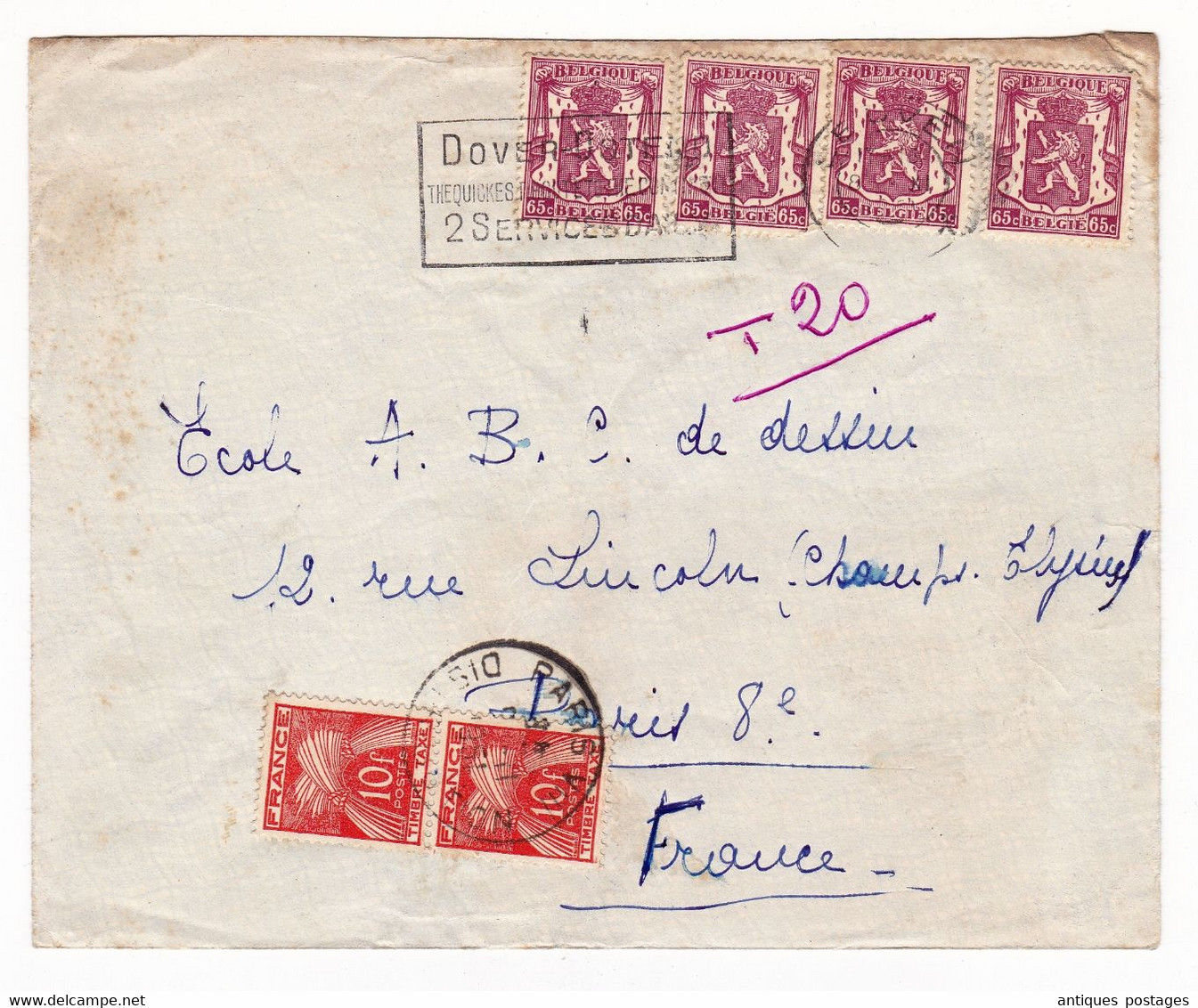 Lettre Belgique 1951 Paris Timbres Armoiries Paire Timbre Taxe - Covers & Documents