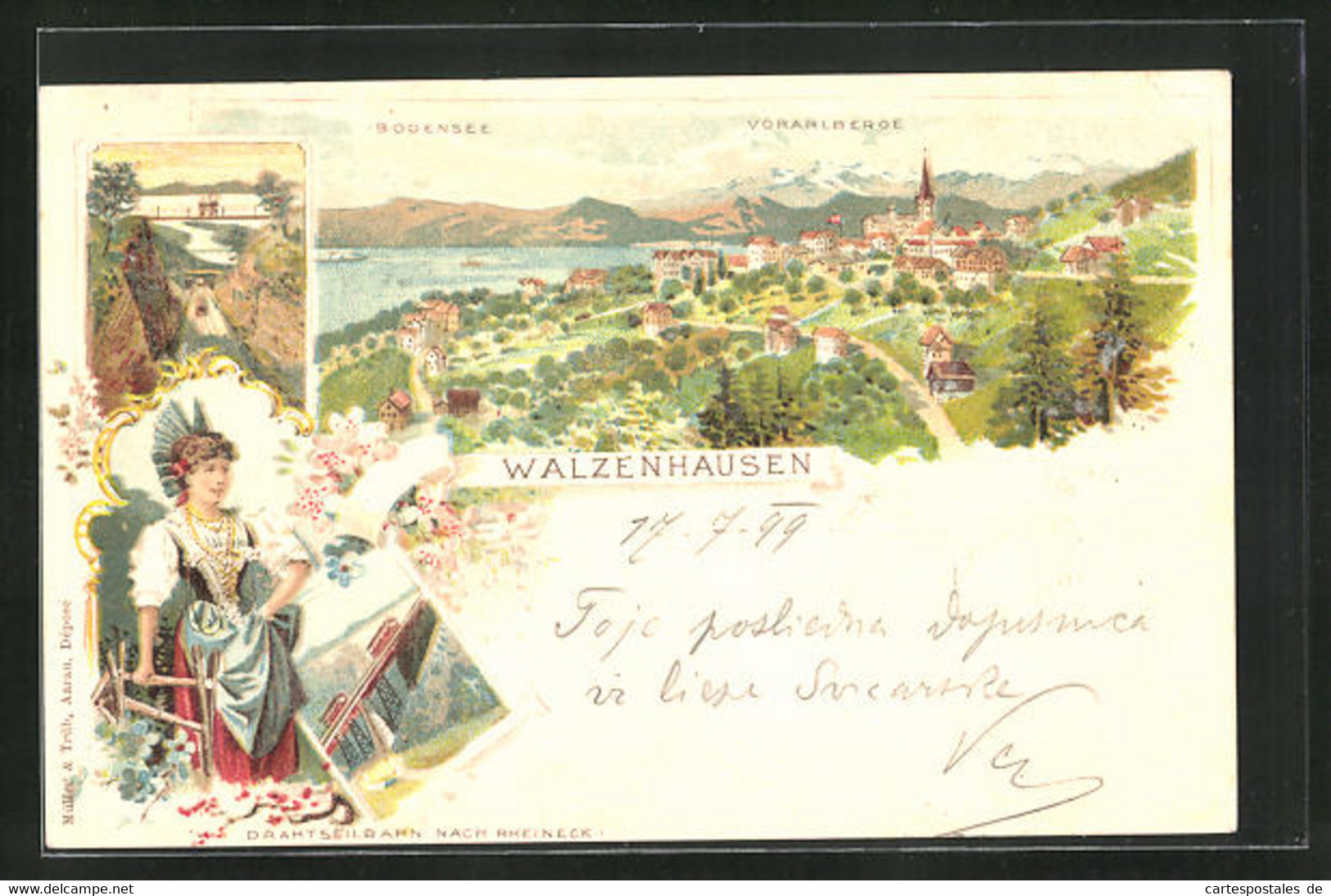 Lithographie Walzenhausen, Panorama Mit Bodensee Und Vorarlbergen, Drahtseilbahn Nach Rheineck - Walzenhausen
