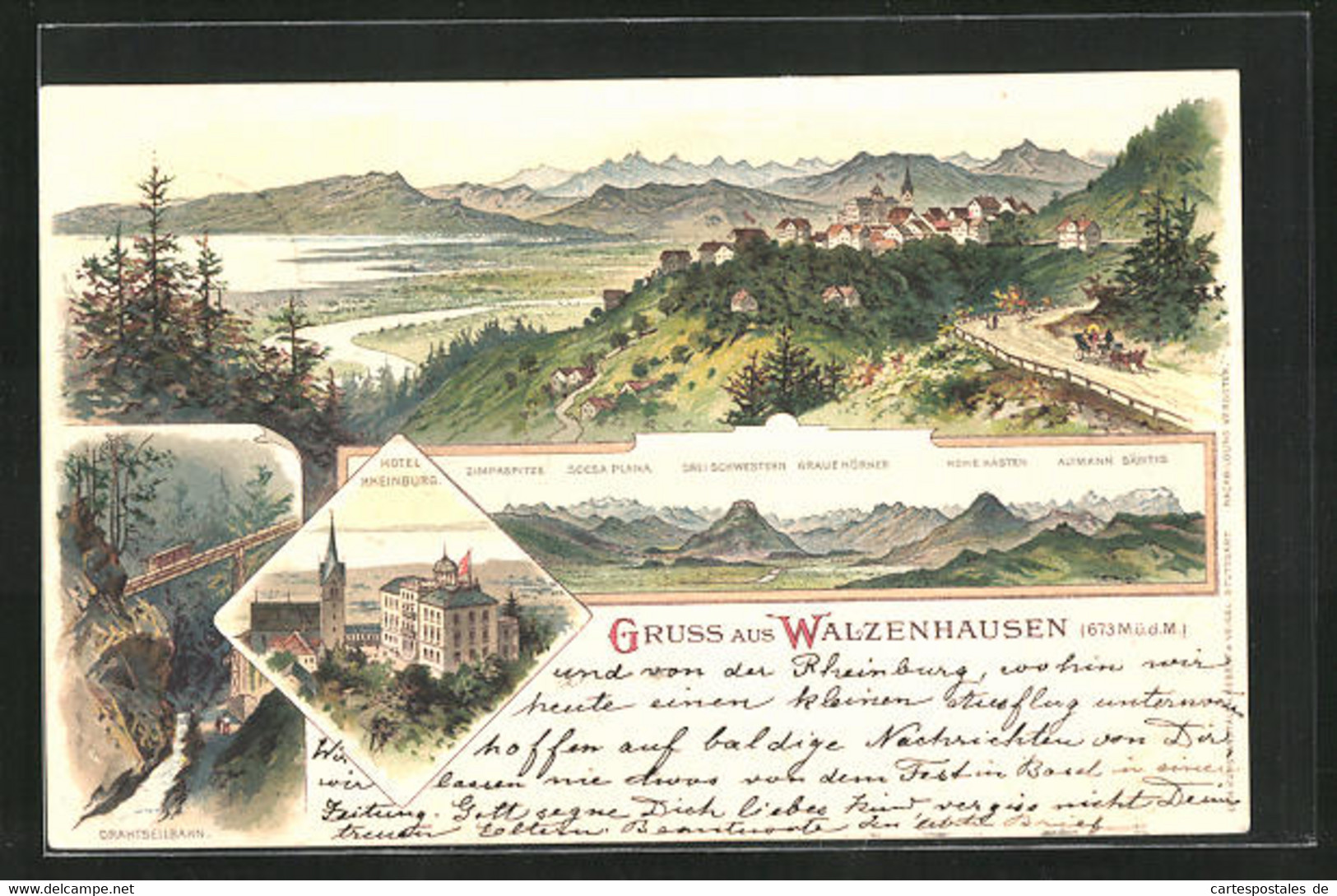 Lithographie Walzenhausen, Hotel Rheinburg, Panorama Mit Drei Schwestern Und Säntis - Walzenhausen