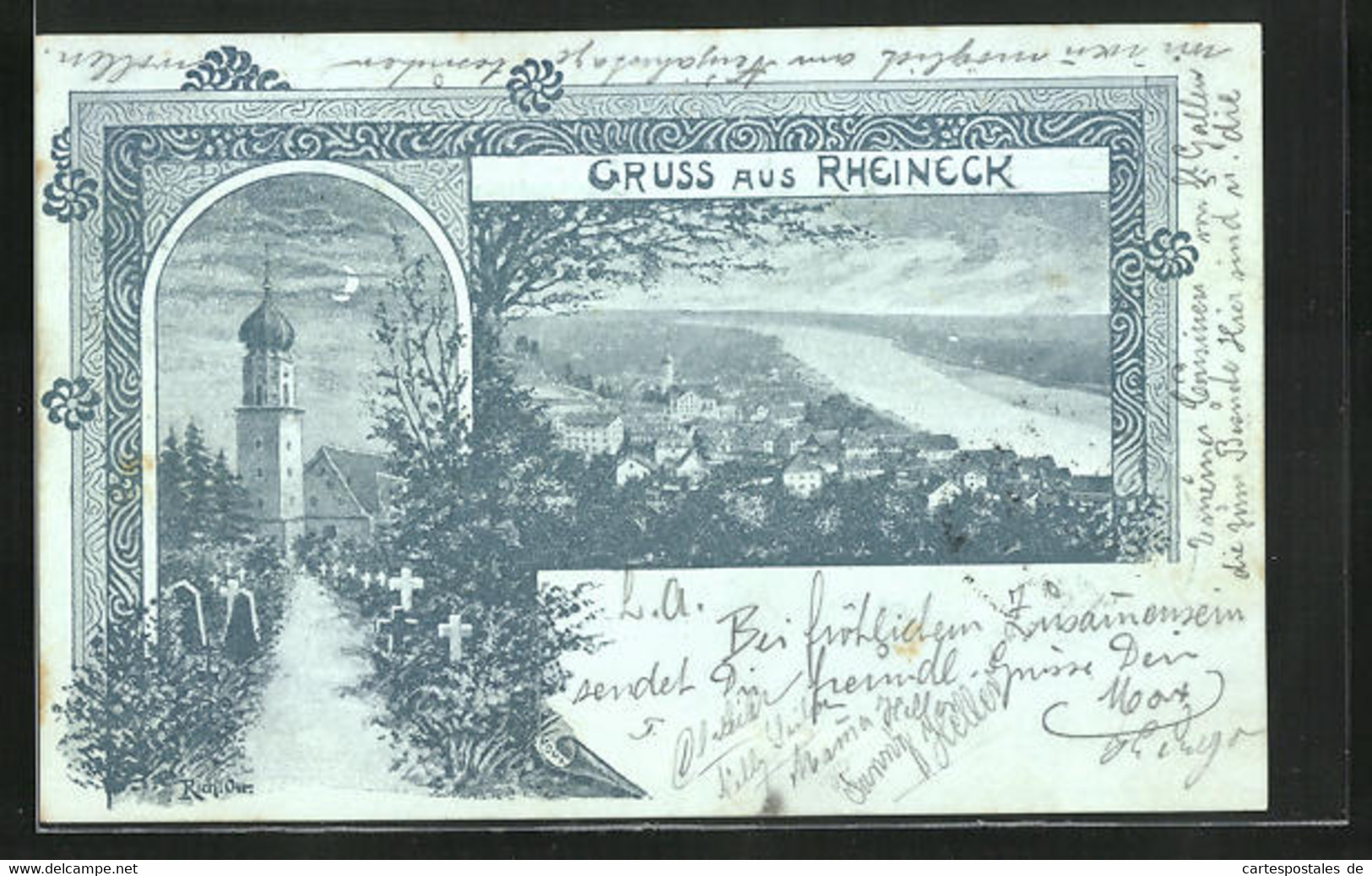 Mondschein-AK Rheineck, Kirche Und Friedhof, Panorama Mit Rhein - Rheineck