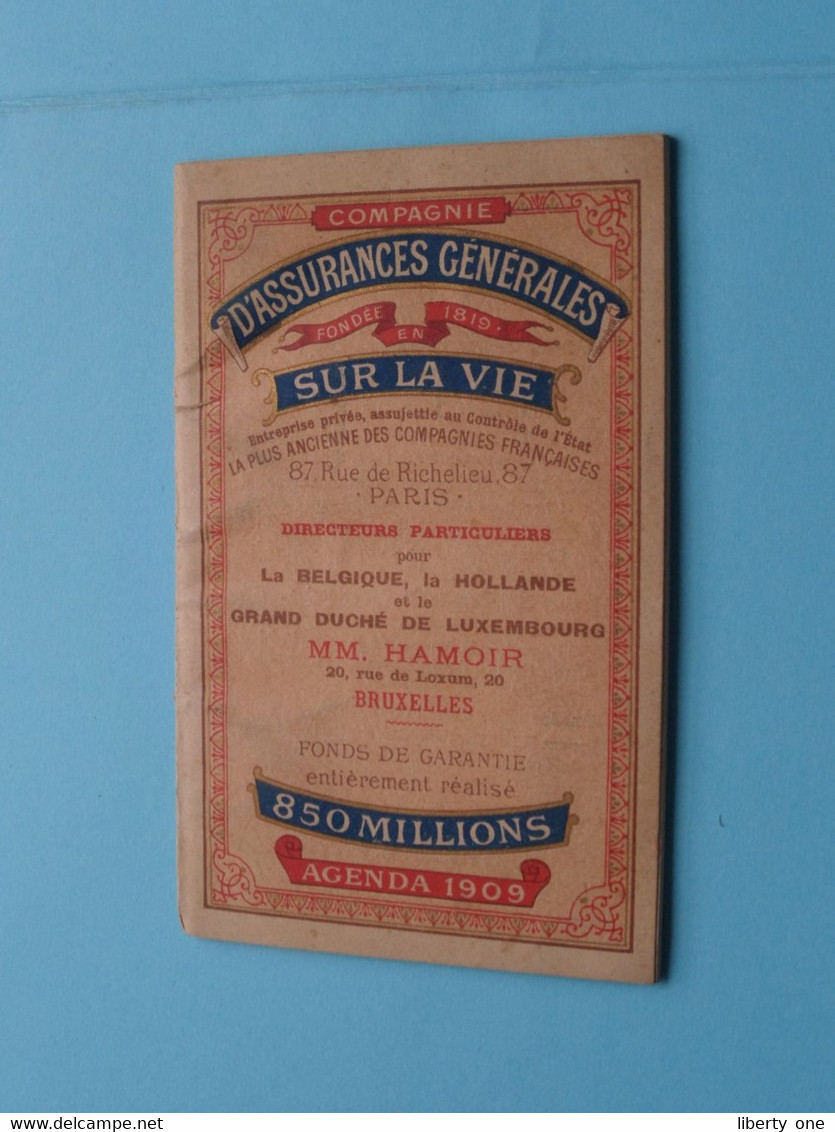 1909 Agenda De La Cie D'ASSURANCES Génerales SUR LA VIE > PARIS / BRUXELLES ( Zie/voir SCANS) Crayon ! - Small : 1901-20