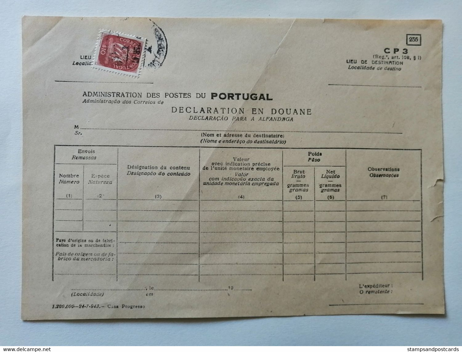 Portugal Declaration Douane Pré-timbré Caravelle 1943 Export Customs Declaration Pre-stamped - Lettres & Documents