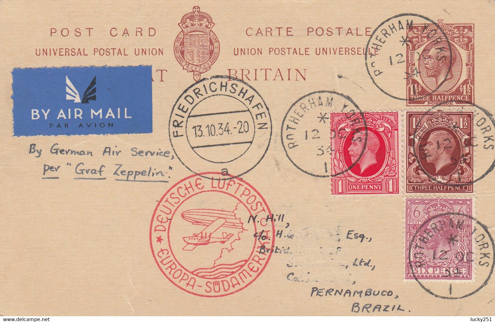 Zeppelin - 1934 - Grande-Bretagne - Carte Postal Du 12/10/1934 - Vers Le Brésil - Zeppelins