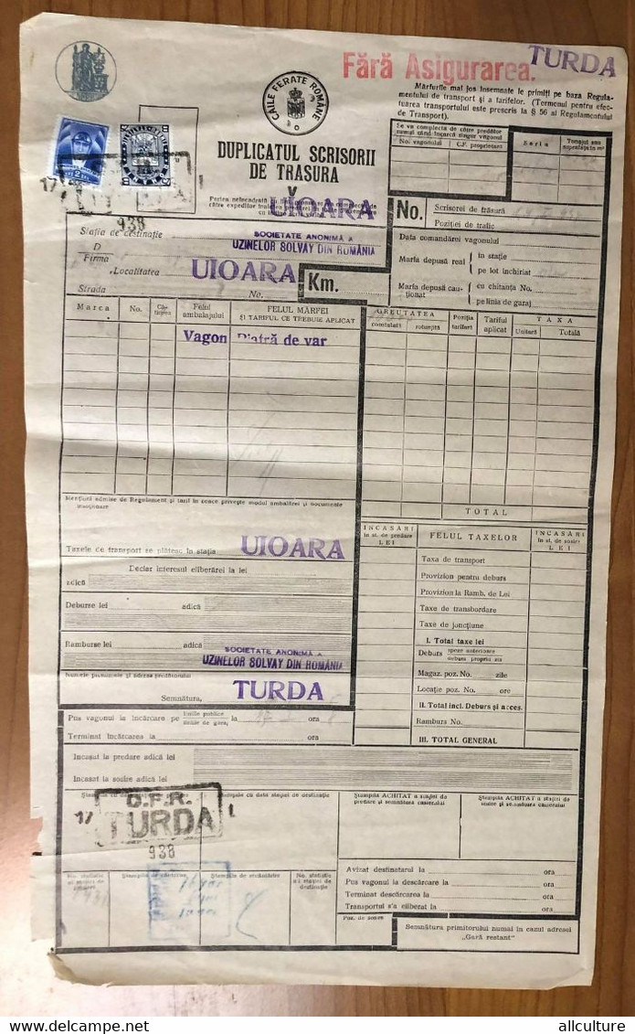 A8735 - RAILWAY TRANSPORTATION WAYBILL, FROM TURDA TO UIOARA, AVIATION AND STATISTICAL STAMPS, 1938, ROMANIA - Automobilismo