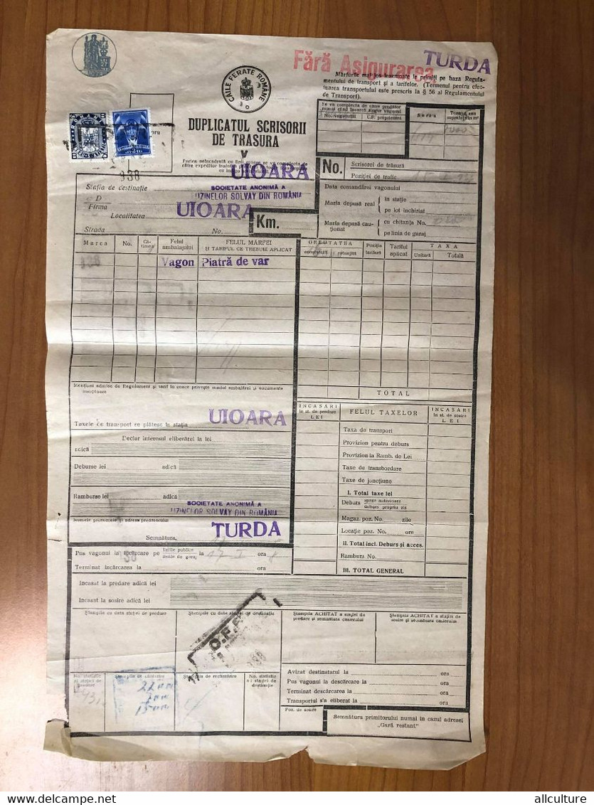 A8733 - RAILWAY TRANSPORTATION WAYBILL, FROM TURDA TO UIOARA, AVIATION AND STATISTICAL STAMPS, 1938, ROMANIA - Automobile