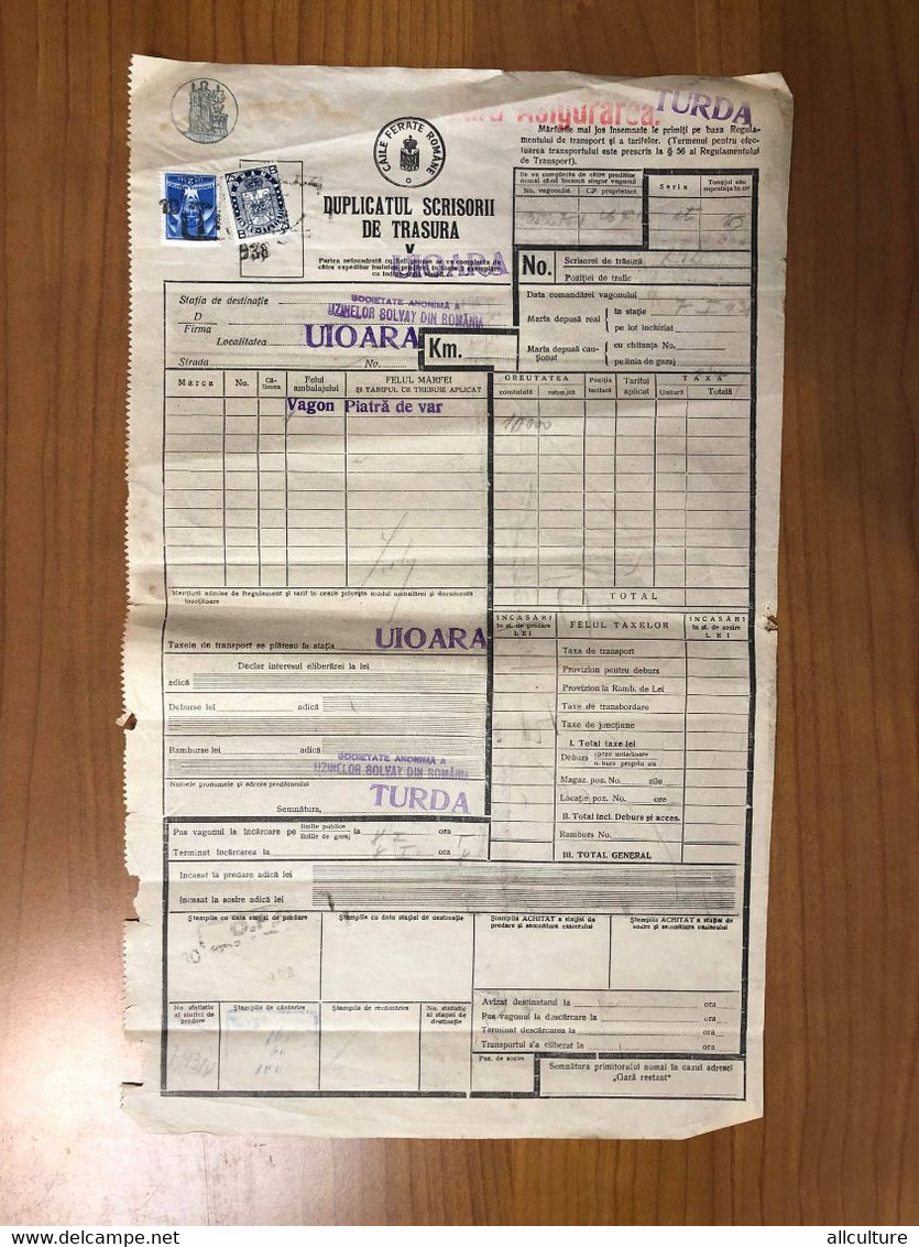 A8732 - RAILWAY TRANSPORTATION WAYBILL, FROM TURDA TO UIOARA, AVIATION AND STATISTICAL STAMPS, 1938, ROMANIA - Automovilismo