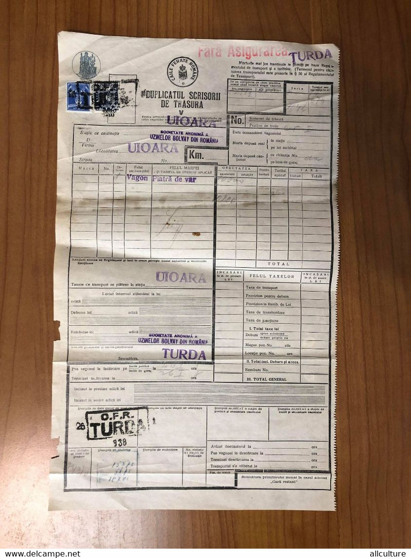 A8731- RAILWAY TRANSPORTATION WAYBILL, FROM TURDA TO UIOARA, AVIATION AND STATISTICAL STAMPS, 1938, ROMANIA - Cars