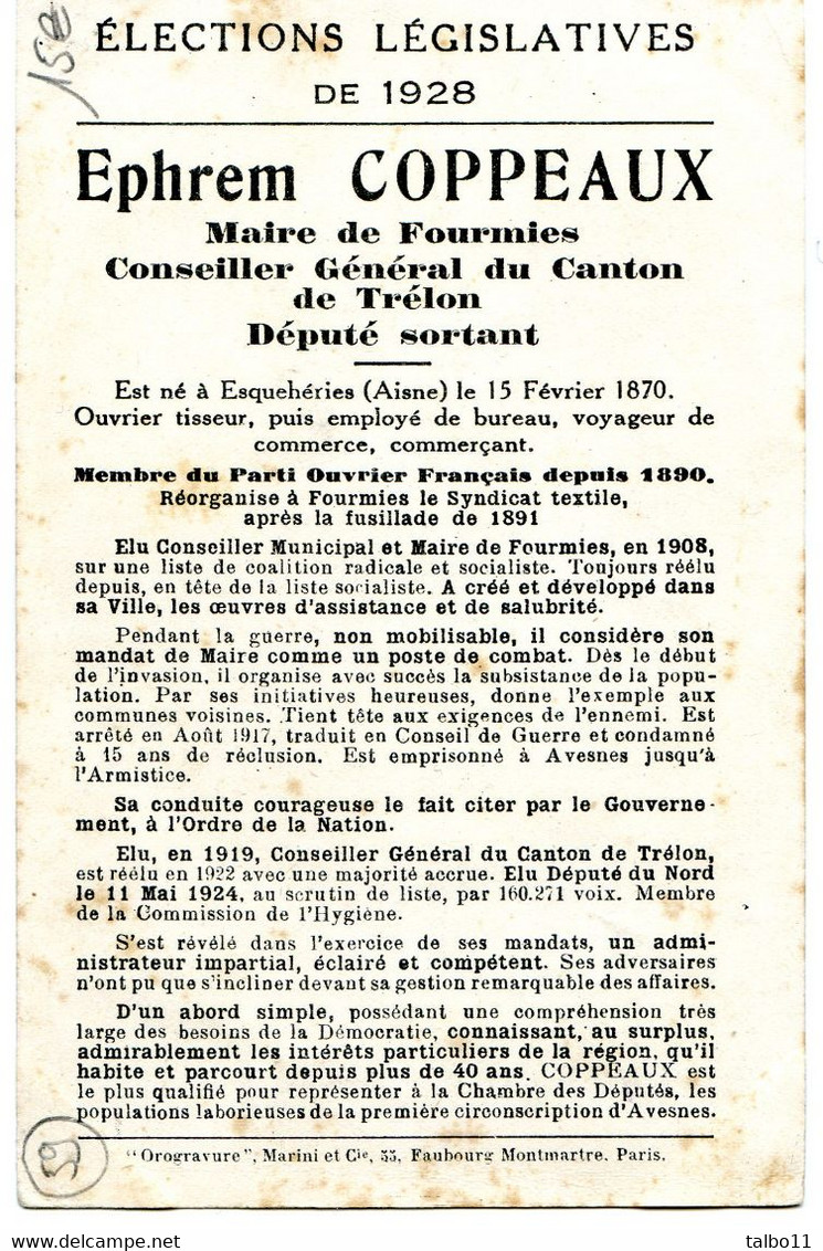 Elections Législatives 1928- Ephrem Coppeaux Maire De Fourmies - Canton De Trélon -  Député Sortant - Political Parties & Elections