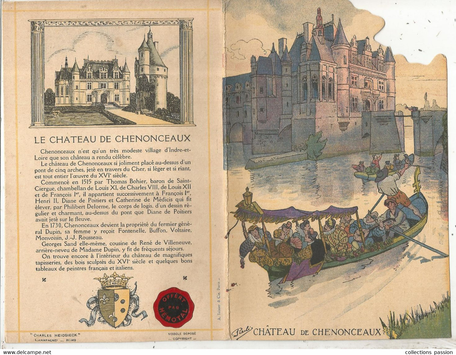 Menu -découpi 4 Pages, Chateau De Chenonceaux, Champagne CHARLES HEIDSIECK, Reims,  210 X 135 Mm,3 Scans, Frais Fr 2.25e - Menus