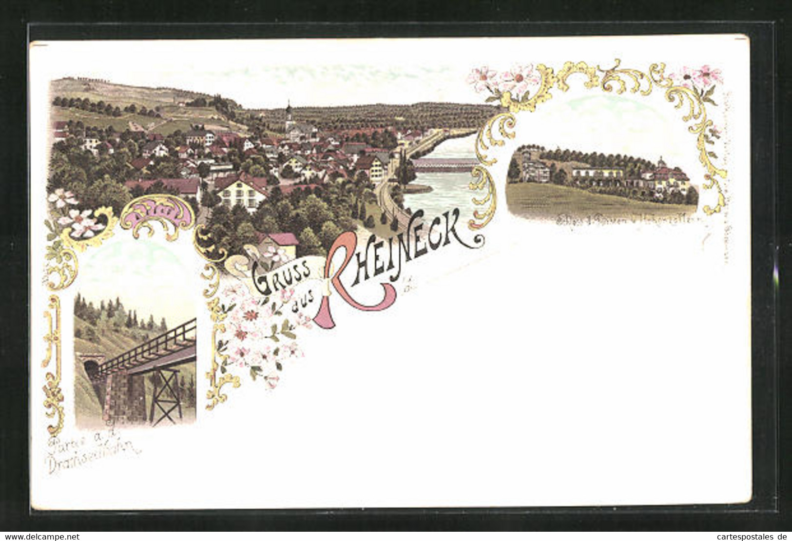 Lithographie Rheineck, Drahseilbahn, Schloss D. Fürsten V. Hohenzollern, Gesamtansicht - Rheineck