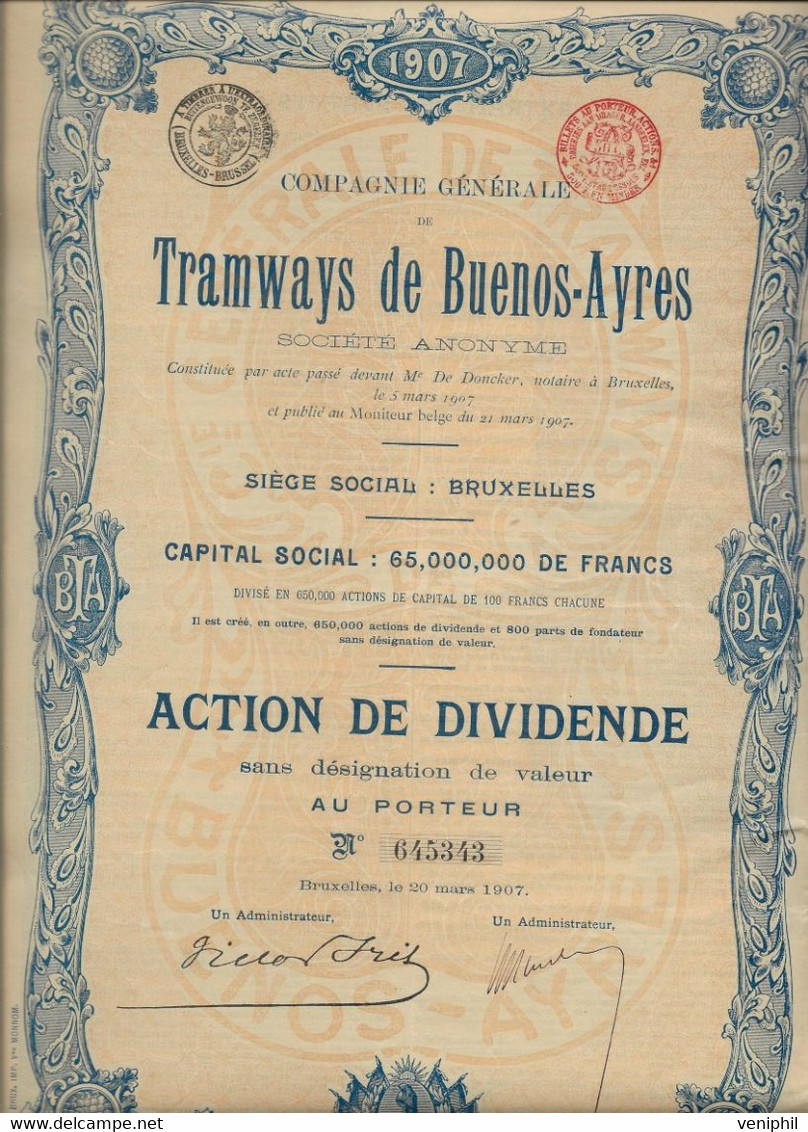 COMPAGNIE GENERALE DE TRAMWAYS DE BUEBOS - AYRES  - ACTION DE DIVIDENDE -ANNEE 1907 - Ferrocarril & Tranvías