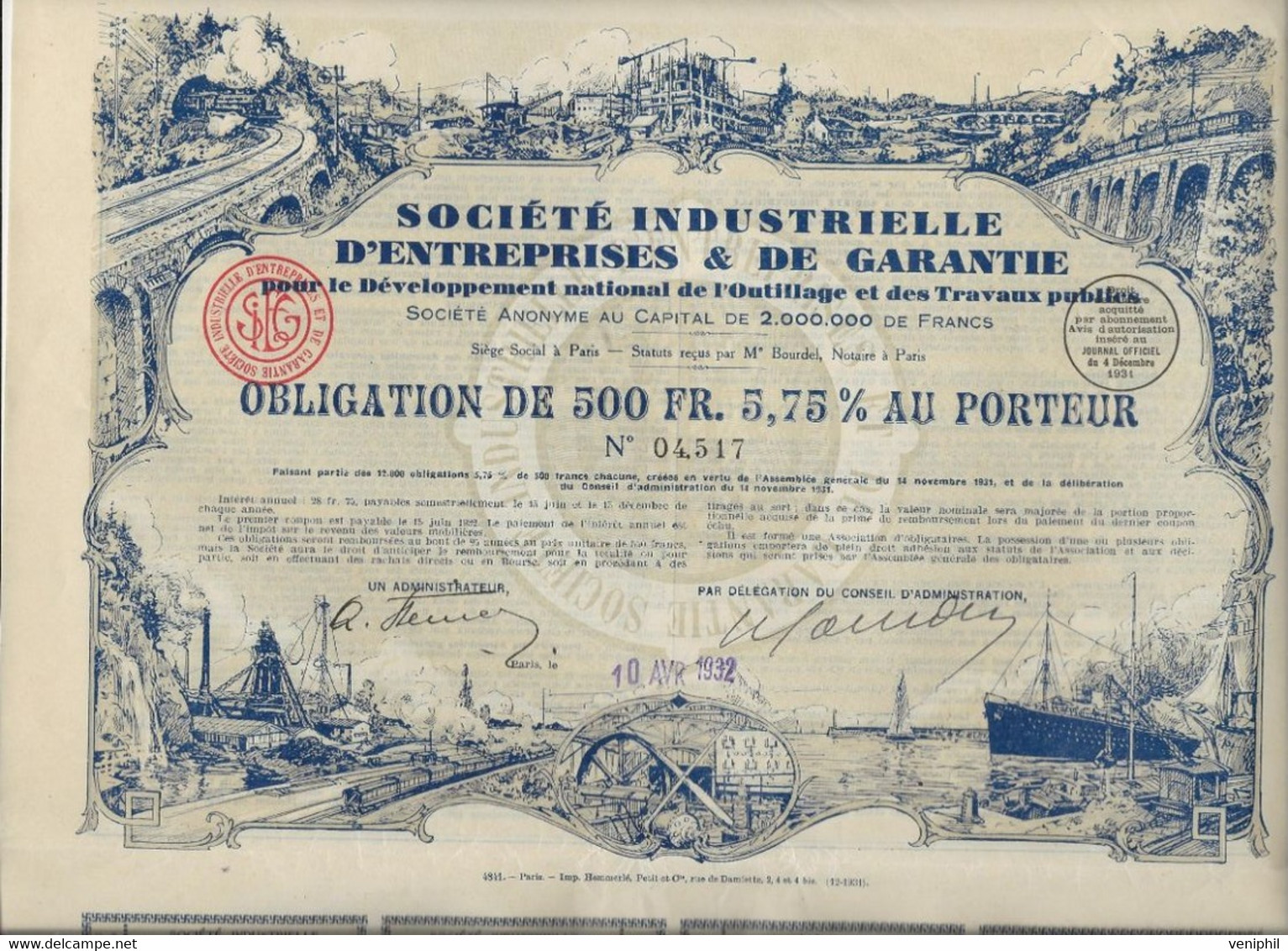 OBLIGATION ILLUSTREE DE 500 FRS - SOCIETE INDUSTRIELLE D'ENTREPRISES ET DE GARANTIE  -ANNEE 1932 - Industry