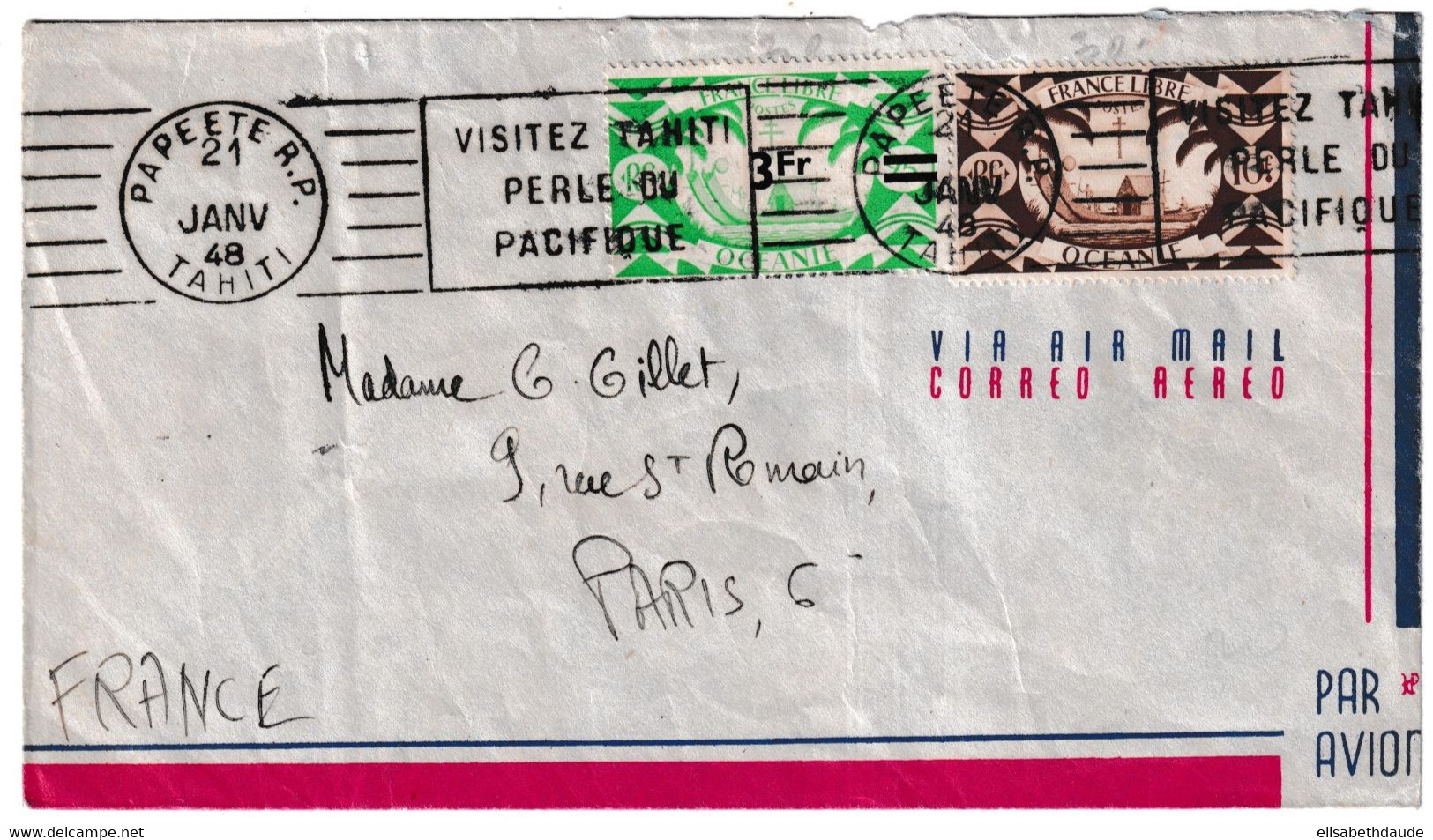 OCEANIE - 1948 - ENVELOPPE Par AVION De PAPEETE Avec MECA TOURISTIQUE => PARIS - EMISSION DE LONDRES - Storia Postale