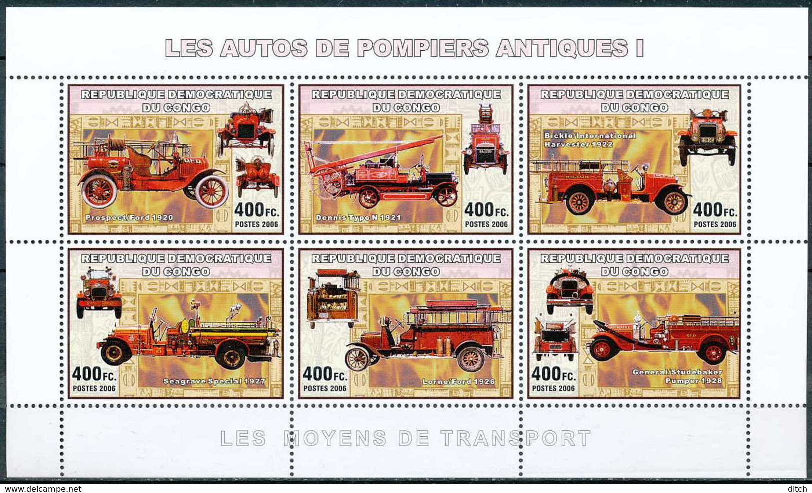 D - [31204]SUP//**/Mnh-RD CONGO 2006 - Les Moyens De Transports - Les Autos De Pompiers Antiques I. - Auto's