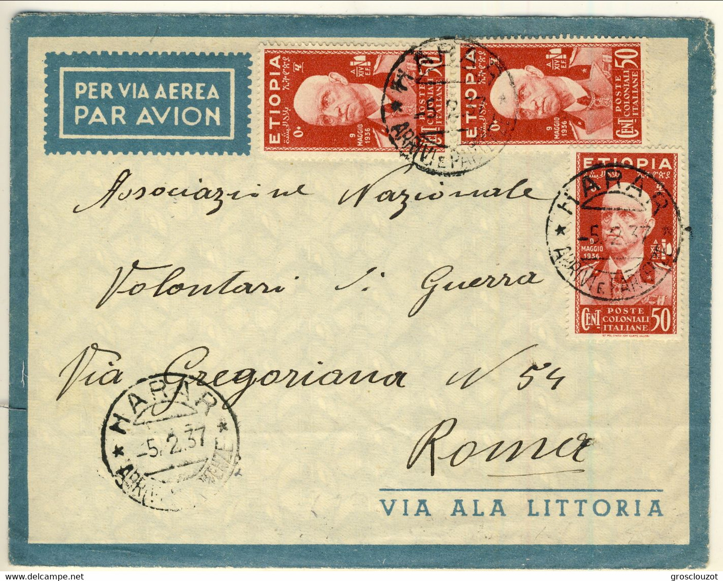 Etiopia 1937 Posta Aerea, Splendida Lettera Harar - Roma Con 3 Esemplari Del C. 50 Carminio, Sassone N. 5 - Ethiopie