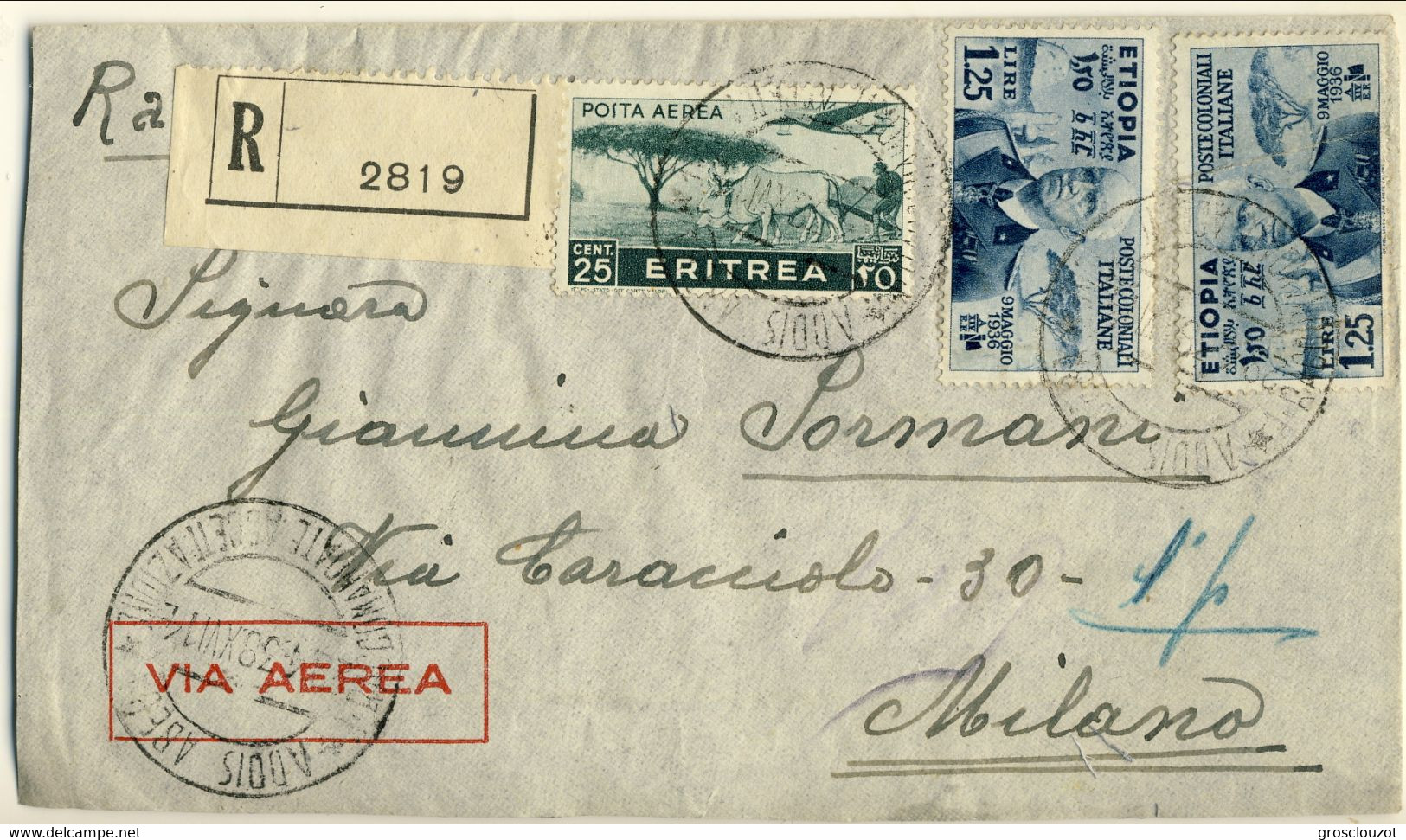 Etiopia 1938 Bella Raccomandata Posta Aerea Addis Abeba-Roma Con 2 Bolli Del L.1,25 Azzurro E 1 Eritrea C. 25 (A. Diena - Ethiopie