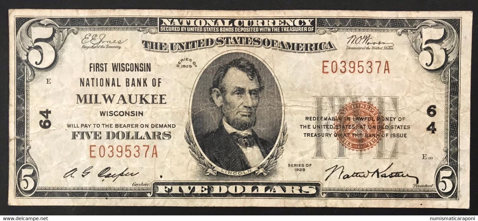 Usa U.s.a. 5 Dollars 1929 FIRST WISCONSIN NATIONAL BANKNOTE MILWAUKEE Strappetto Lotto 1541 - Billetes De Estados Unidos (1928-1953)