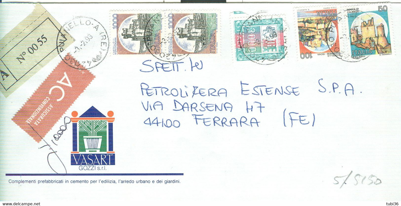 CASTELLI £.5.150,AFFR.MISTA,ASS. CONV.£.10.000-(DUE CARTELLINI)1993-VASART GOZZI,QUATTRO CASTELLA,POSTE PUIANELLO(REGGIO - 1991-00: Storia Postale