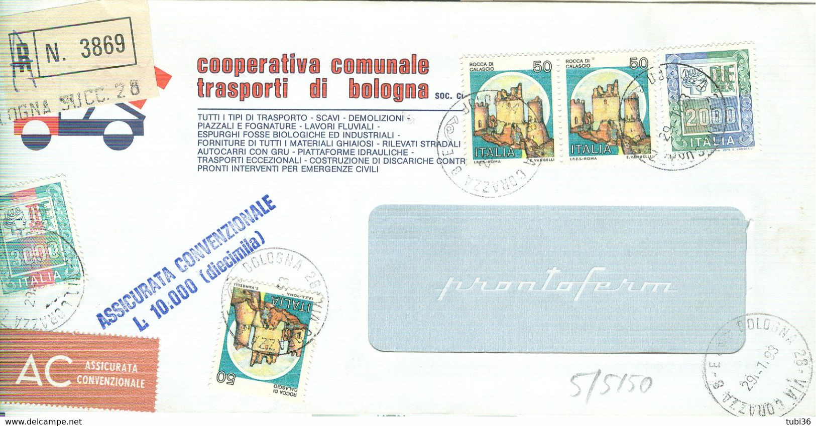 CASTELLI £.5.150,AFFR.MISTA,ASS. CONV.£.10.000-(DUE CARTELLINI)1993-COOP.COMUNALE TRASPORTI,BOLOGNA-TIMBRO POSTE BOLOGNA - 1991-00: Storia Postale