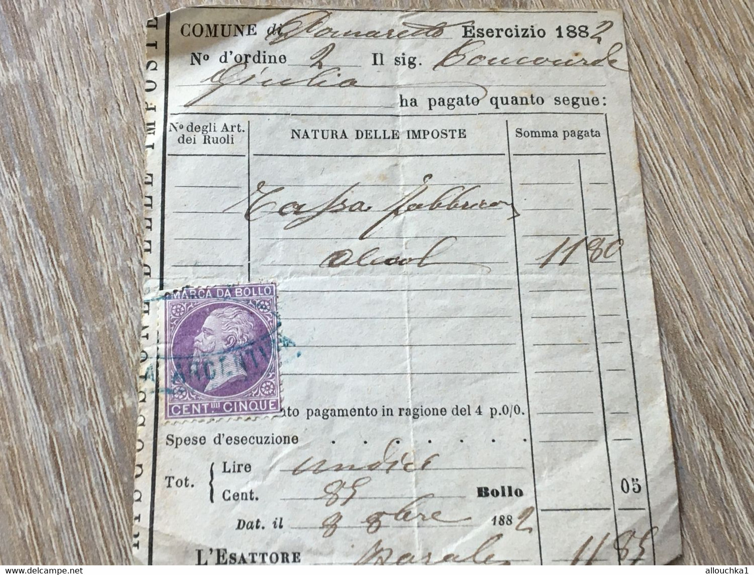 PomarettoMarca Da Bollo Fiscal Pinerolo Italie Ecersizio 1882 Royaume - 1878-00 Humbert I -☛Somma Pagata - Steuermarken