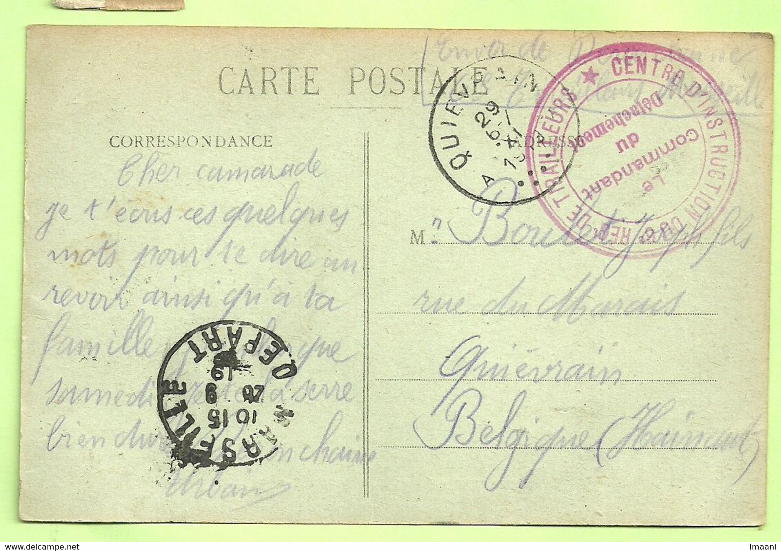 Kaart MARSEILE Met Stempel CENTRE D'INSTRUCTION DU 6° REG. DE TIRAILLEUR Naar Quiverain  (445) - Armeestempel