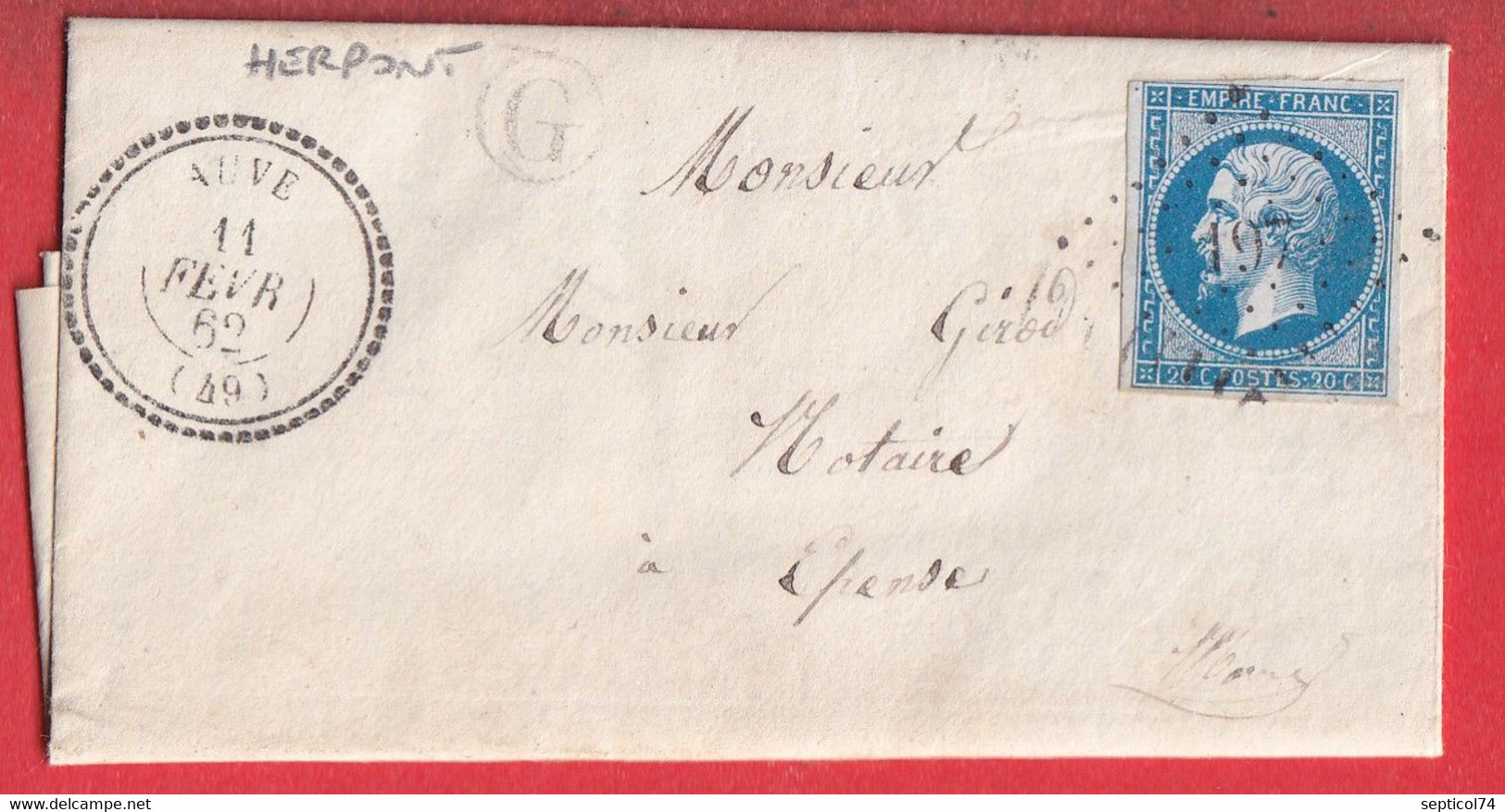 N°14 PC 197 AUVE MARNE CAD TYPE 22 BOITE RURALE G HERPONT POUR EPENSE - 1849-1876: Klassieke Periode