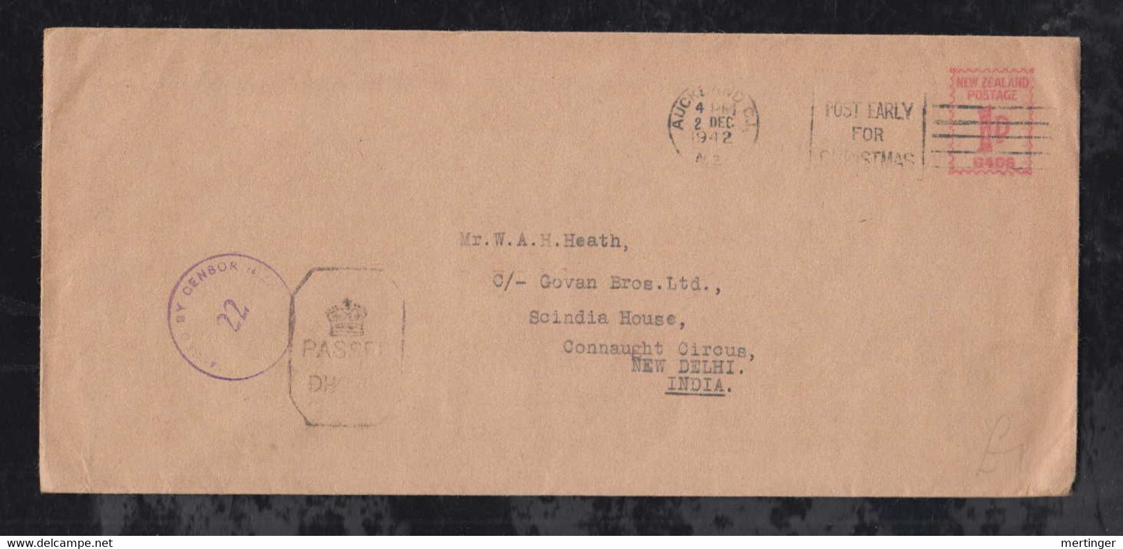 New Zealand 1942 Double Censor Meter Cover 1d Aukland To NEW DELHI India - Covers & Documents