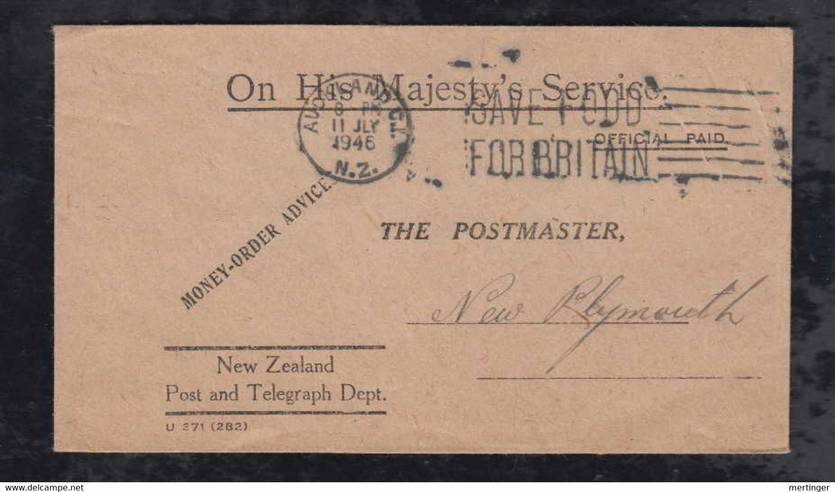 New Zealand 1946 Cover OFFICIAL PAID Money Order Advice Aukland To New Plymouth - Covers & Documents