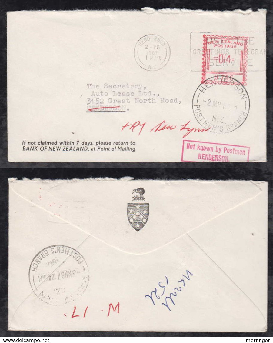 New Zealand 1967 Meter Cover 4d HENDERSON Local Use Returned POSTMENS BRANCH + Not Known By Postman Postmarks - Briefe U. Dokumente