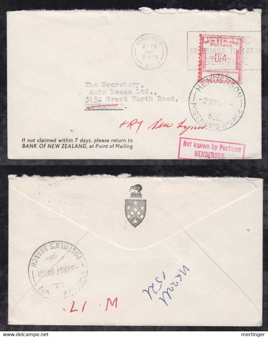 New Zealand 1967 Meter Cover 4d HENDERSON Local Use Returned POSTMENS BRANCH + Not Known By Postman Postmarks - Lettres & Documents