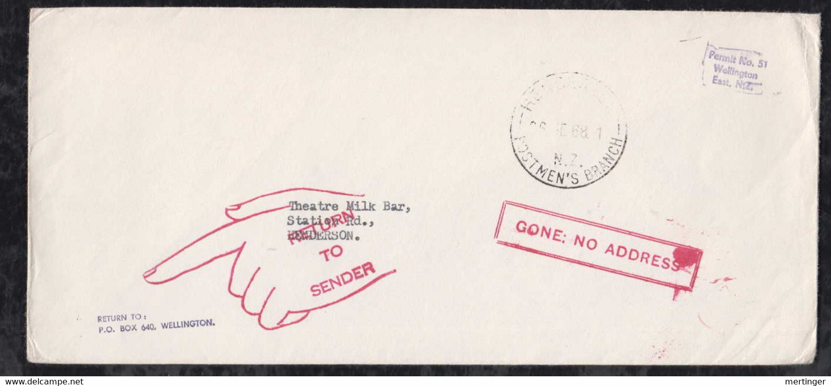 New Zealand 1968 Cover POSTAGE PAID WELLINGTON To HENDERSON Returned POSTMENS BRANCH + Gone No Address Postmarks - Brieven En Documenten