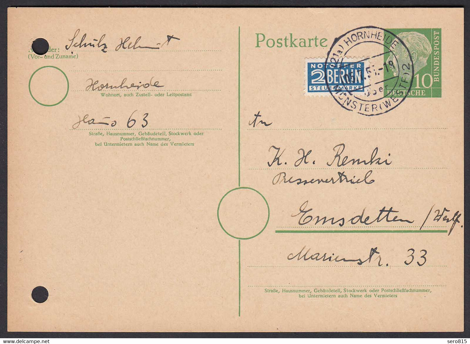 Karte Ganzsache 1955 Landpost Hornheide über Münster Westfalen 2    (24426 - Sonstige & Ohne Zuordnung