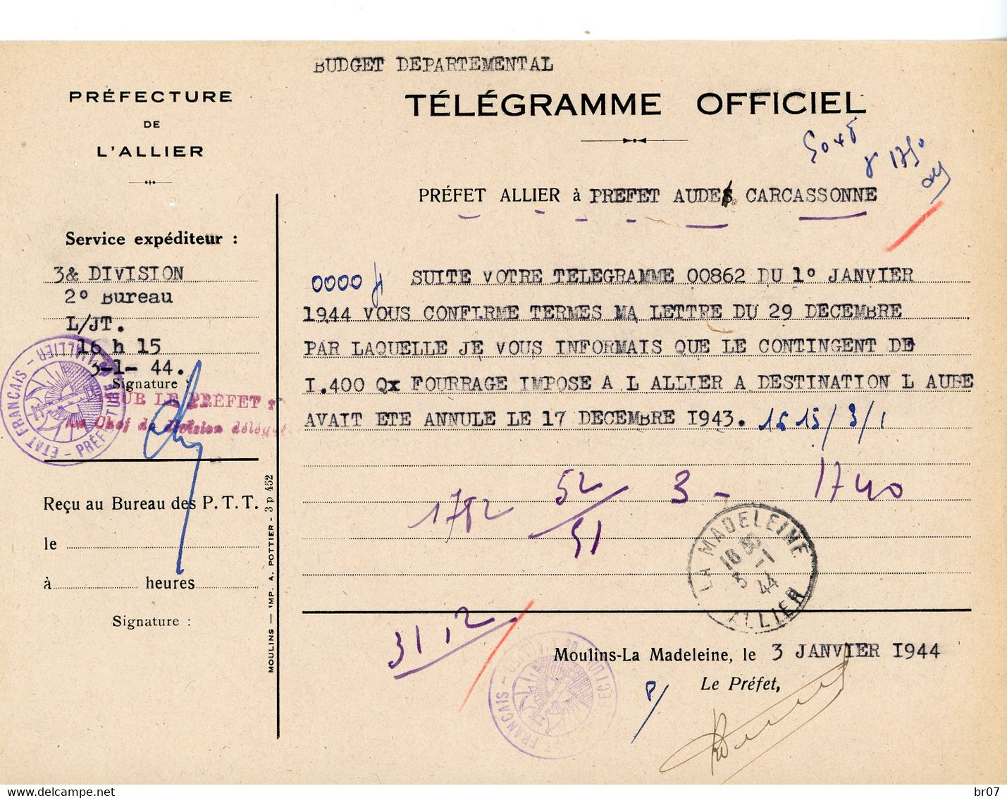 ALLIER TELEGRAMME OFFICIEL GUERRE 1944 LA MADELEINE VOIR LE SCAN - 1921-1960: Période Moderne