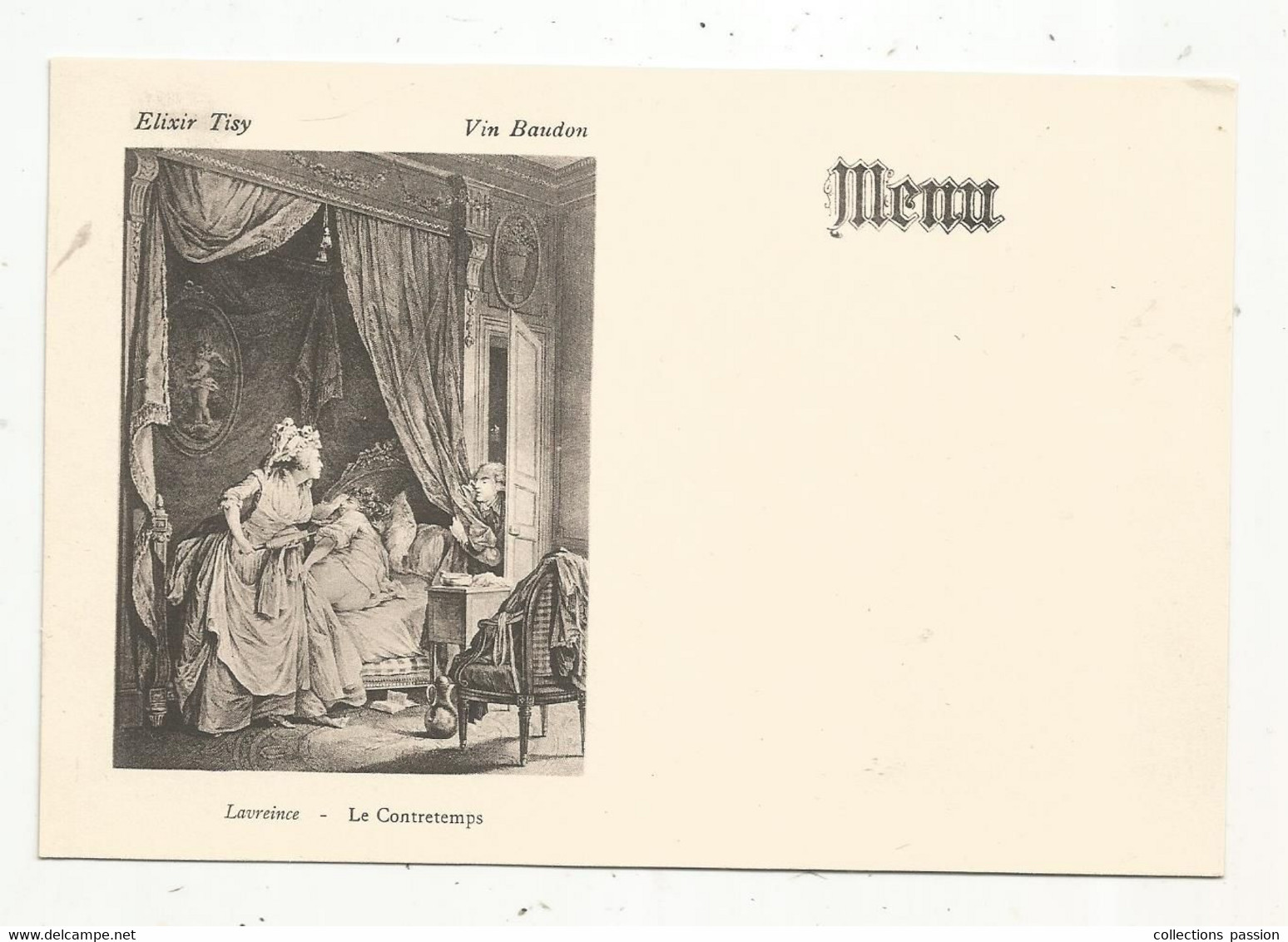 Menu , Elixir Tisy , Vin Baudon , Arts ,pentures & Tableaux ,Lavreince , Le Contretemps , 160 X 110 Mm, Frais Fr 1.65 E - Menus