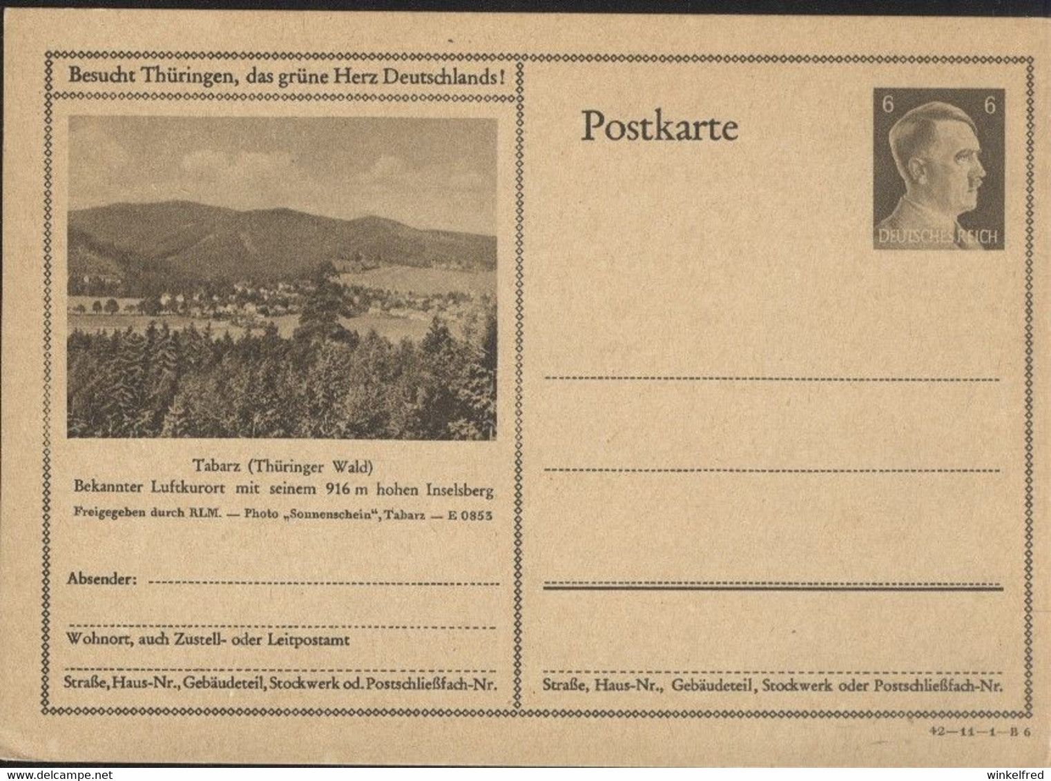 Ganzsache Deutsches Reich P 305 Postfr Bildpostkarte Tabarz Dvm 42-11-1-B 6 - Other & Unclassified