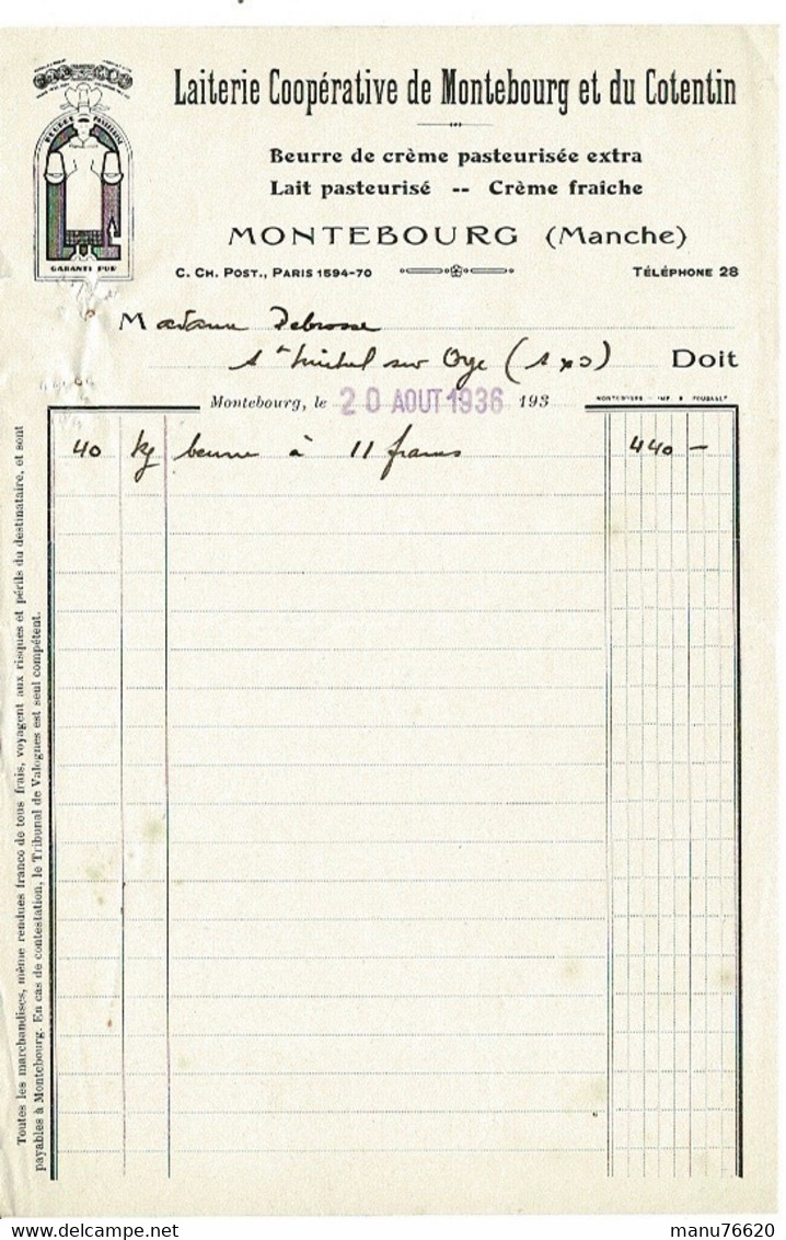 FACTURE-COURRIER- LETTRE : Laiterie Coopérative De Montebourg Et Du Cotentin , Année 1936 . - 1900 – 1949